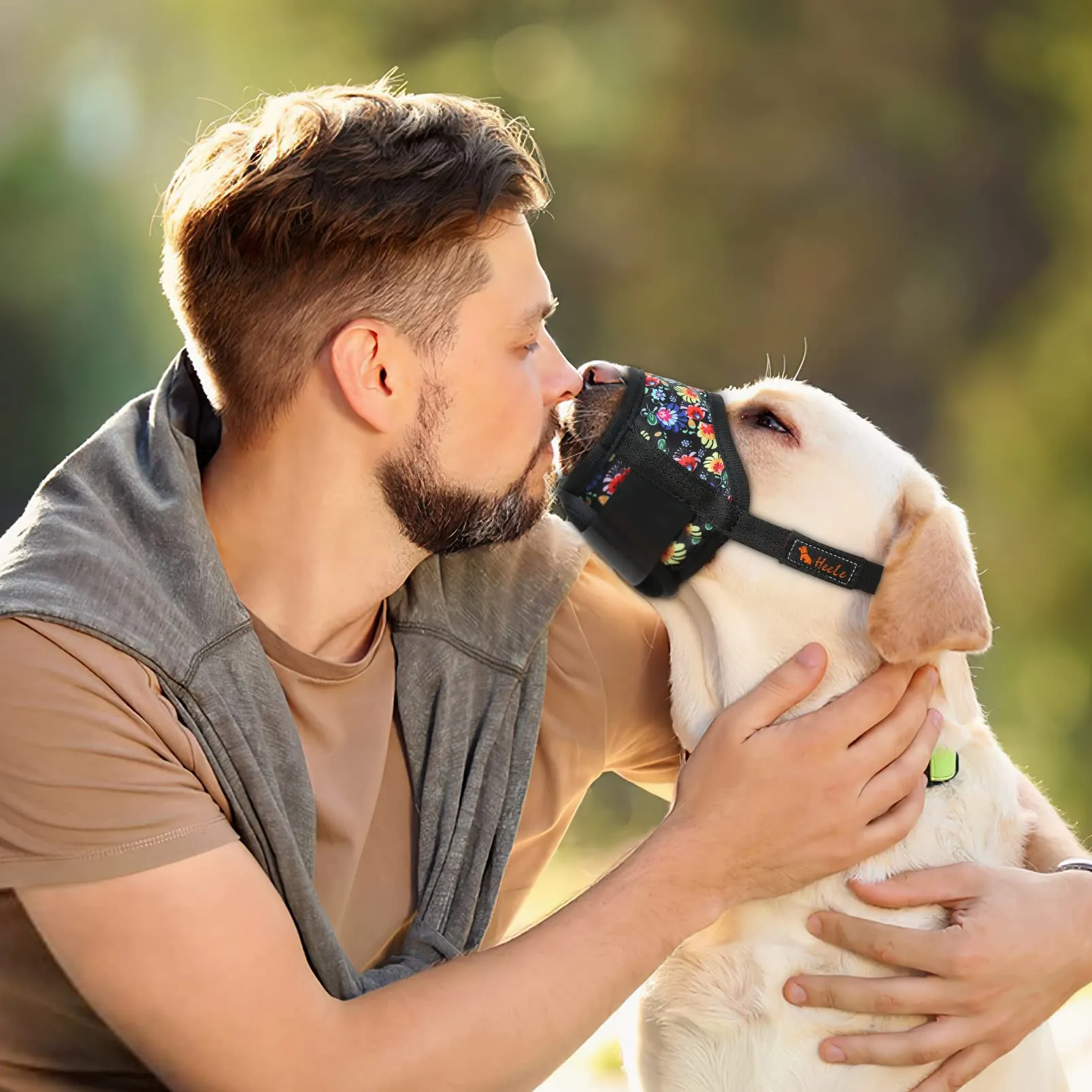 HEELE Museruola per Cane, Museruola Cane Taglia Media, in Morbido Nylon con Motivo Stampato, Antiabbaio e Antimorso, Regolabile, Fiori-Nero, M - immagine 6
