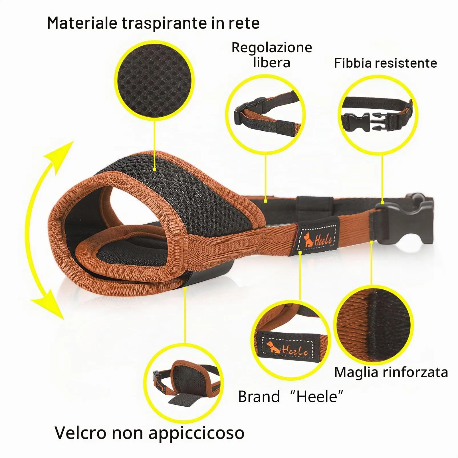 HEELE Museruola Cane Museruola per Cane Regolabile Contro Morsi e Rosicchio Antiabbaio Museruole Morbido Rete Traspirante Marrone S - immagine 5