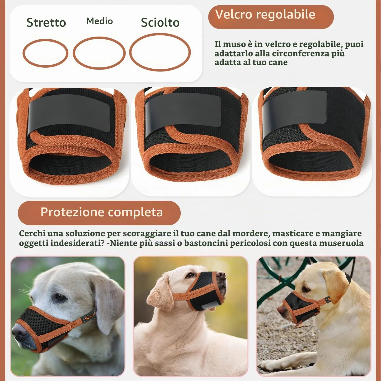 HEELE Museruola Cane Museruola per Cane Regolabile Contro Morsi e Rosicchio Antiabbaio Museruole Morbido Rete Traspirante Marrone M - immagine 3