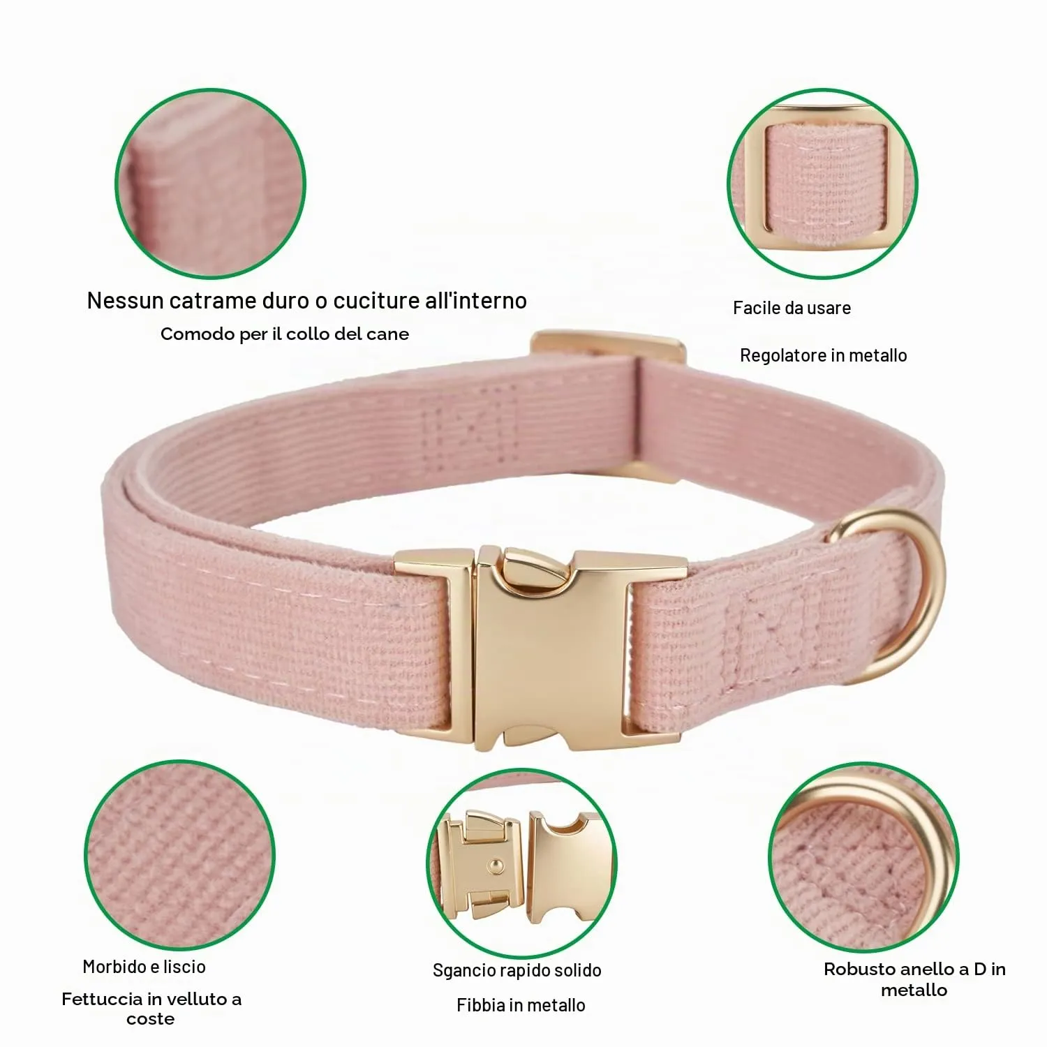 YUDOTE Collare per cani ultra morbido in velluto a coste di cotone naturale realizzato per cani di piccola taglia con pelle sensibile, rosa antico - immagine 4