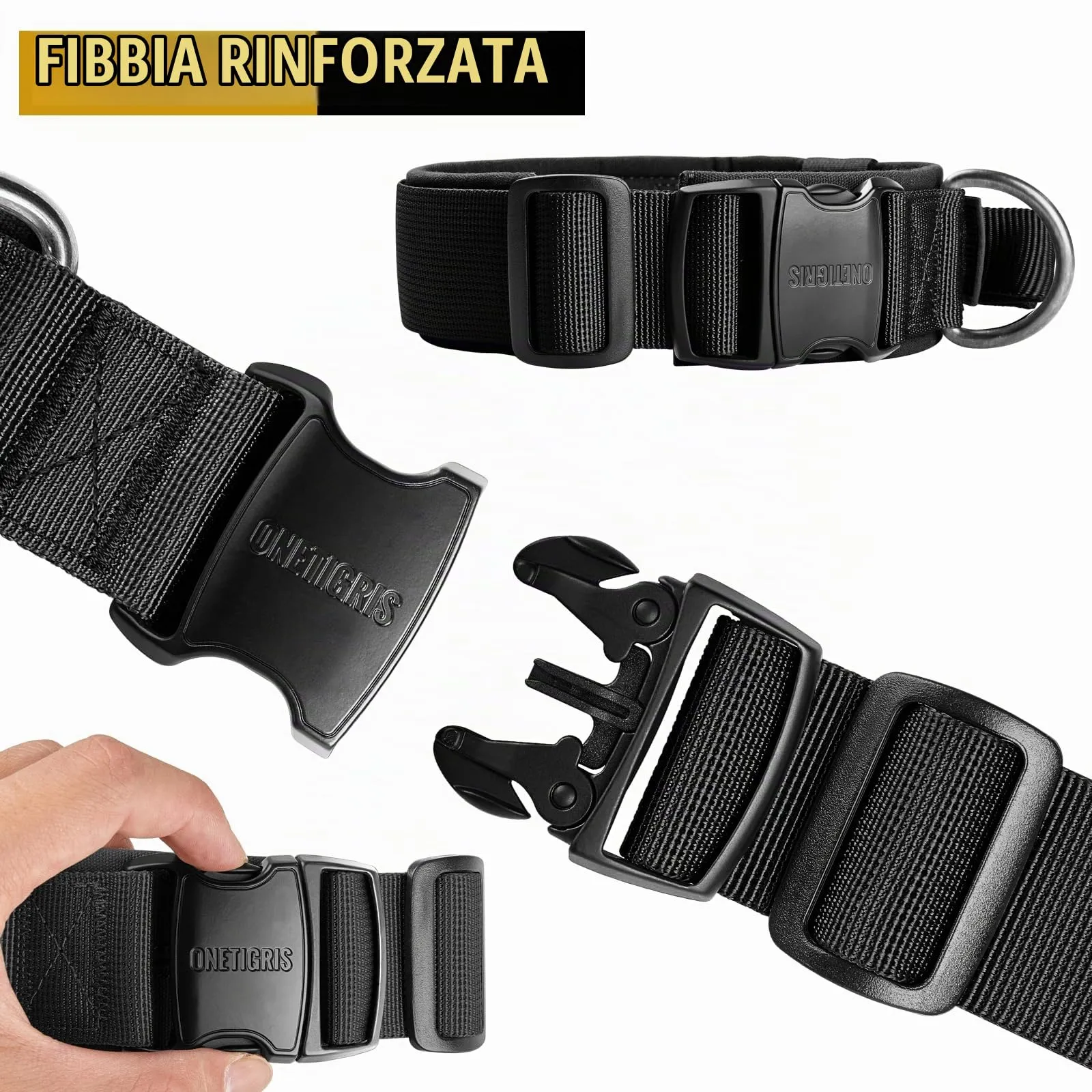 OneTigris Collare per cani con fibbia in metallo per cani (Nero, L) - immagine 3