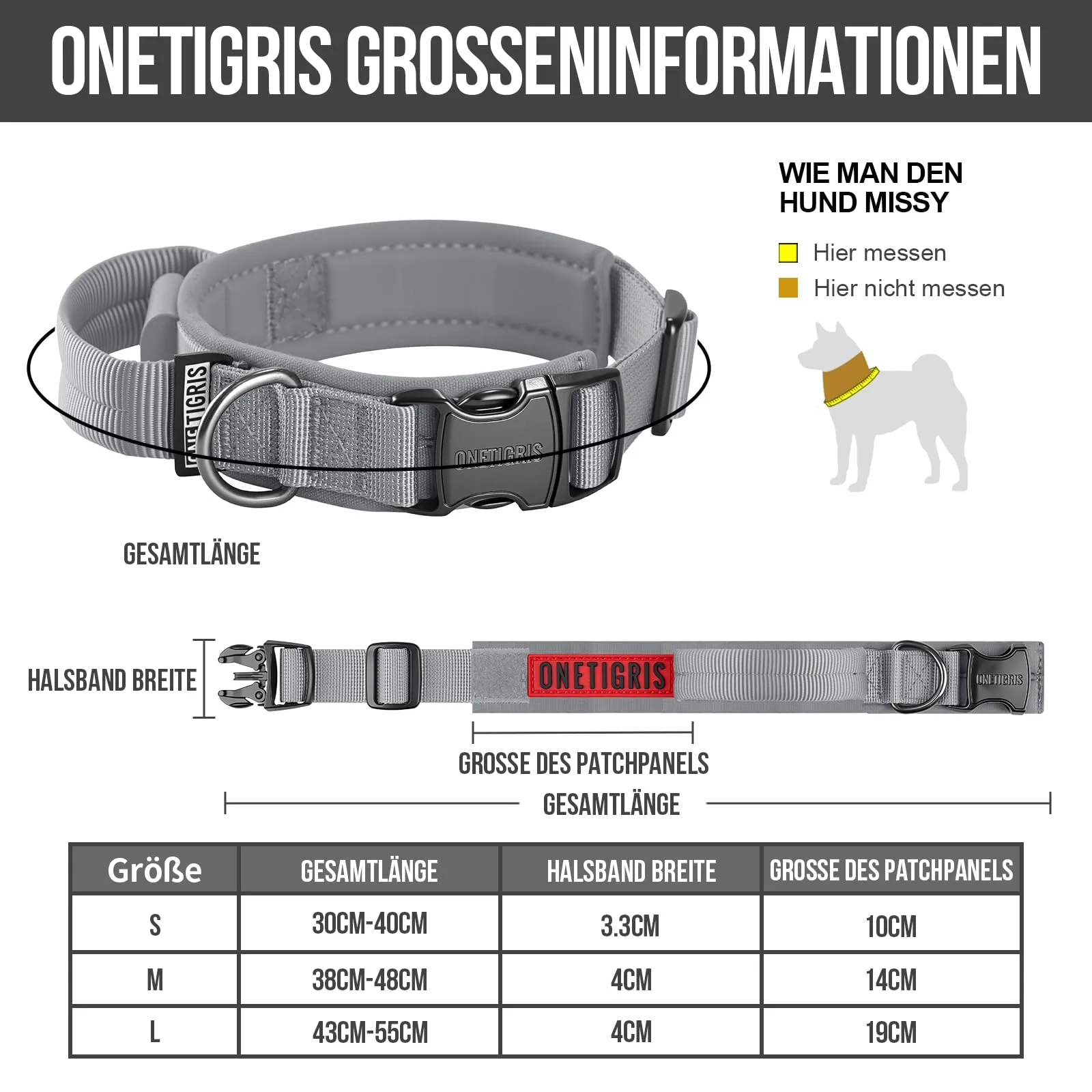 OneTigris Collare per cani con fibbia in metallo per cani (Grigio, M) - immagine 2