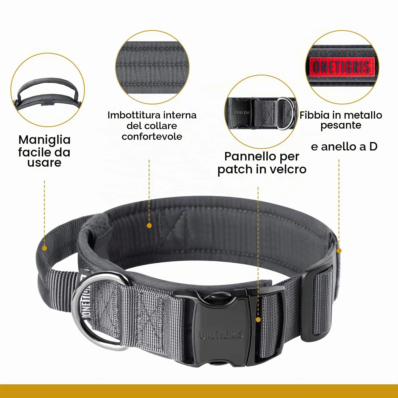 OneTigris Collare per cani con fibbia in metallo per cani (Grigio, M) - immagine 3