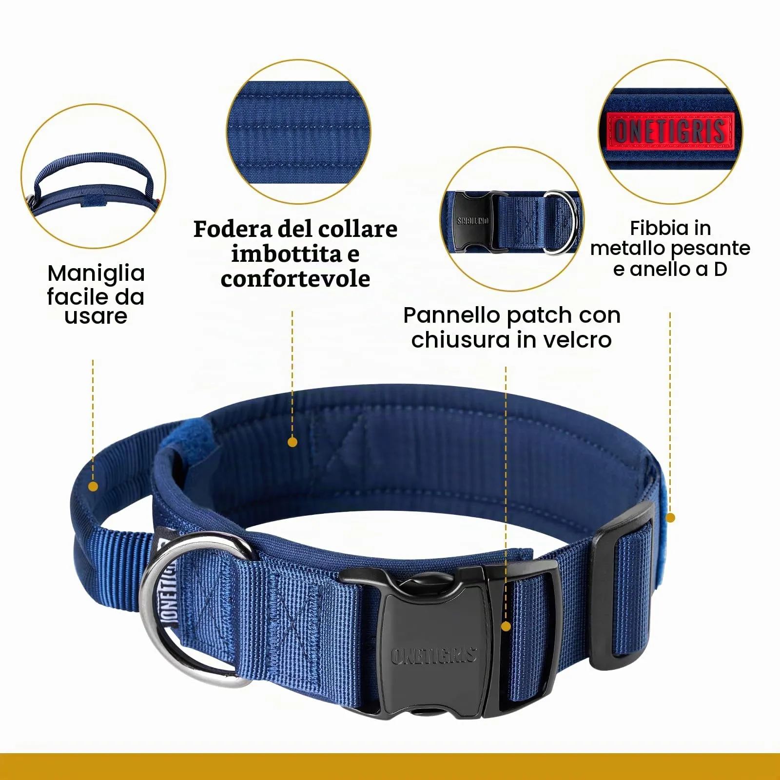 OneTigris Collare per cani con fibbia in metallo per cani (Blu, M) - immagine 3