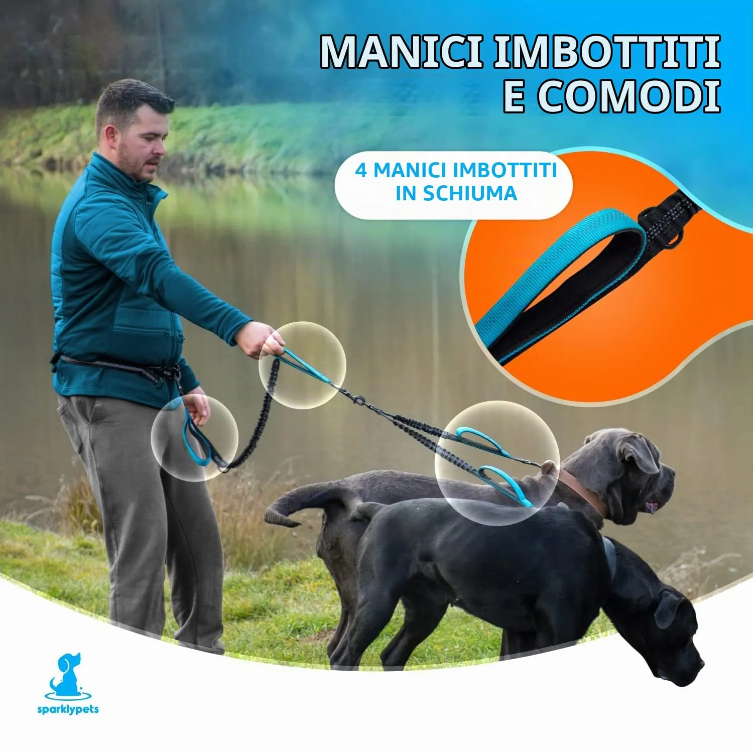 SparklyPets Guinzaglio doppio elastico vita con tutore schiena – doppio per razze medie/grandi – 2 marsupio corsa con tasche per telefono, rifiuti, dolcetti - immagine 4