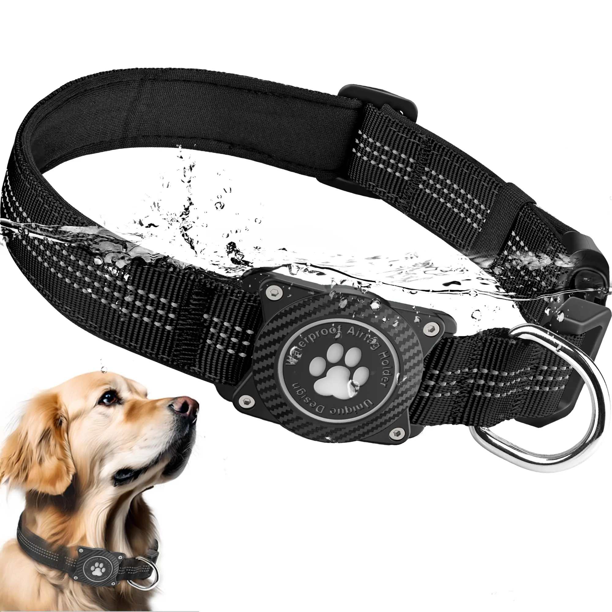 Ytanest Collare Airtag Apple per Cani, Supporto Luminoso 100% Impermeabile Collarino Compatibile con GPS Air Tag Riflettente Regolabile,Nero, M - immagine 1