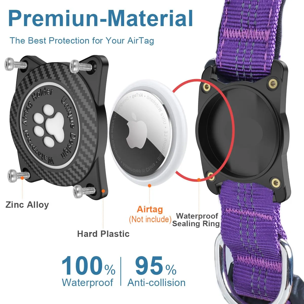 Ytanest Collare Airtag Apple per Cani, Supporto Luminoso 100% Impermeabile Collarino Compatibile con GPS Air Tag Riflettente Regolabile,Viola, L - immagine 3