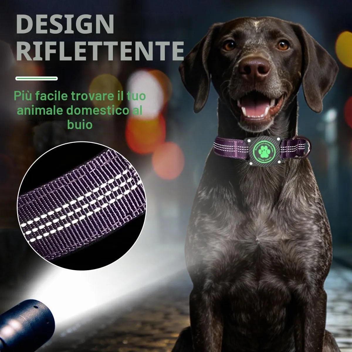 Ytanest Collare Airtag Apple per Cani, Supporto Luminoso 100% Impermeabile Collarino Compatibile con GPS Air Tag Riflettente Regolabile,Viola, L - immagine 5
