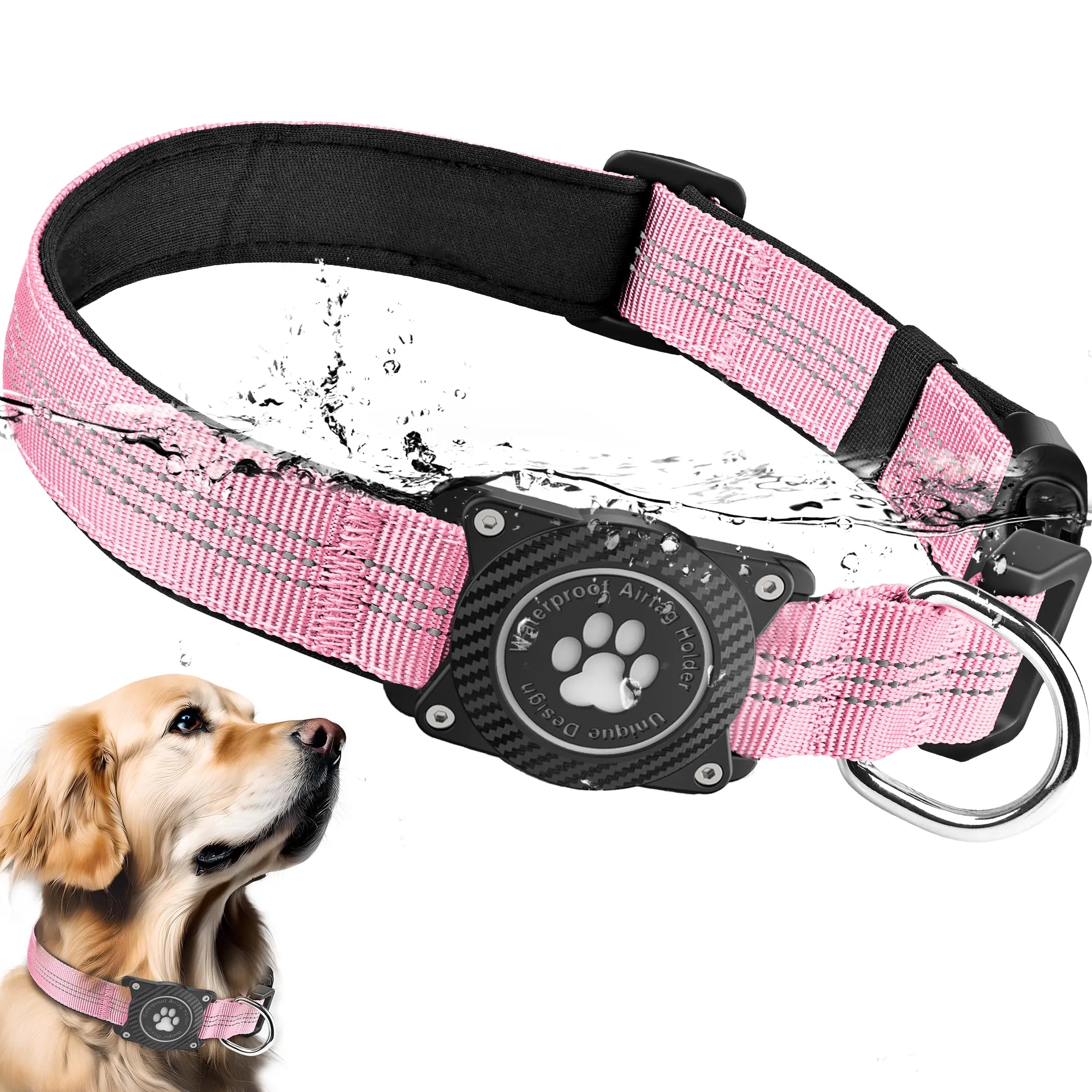 Ytanest Collare Airtag Apple per Cani, Supporto Luminoso 100% Impermeabile Collarino Compatibile con GPS Air Tag Riflettente Regolabile, Rosa, L - immagine 1