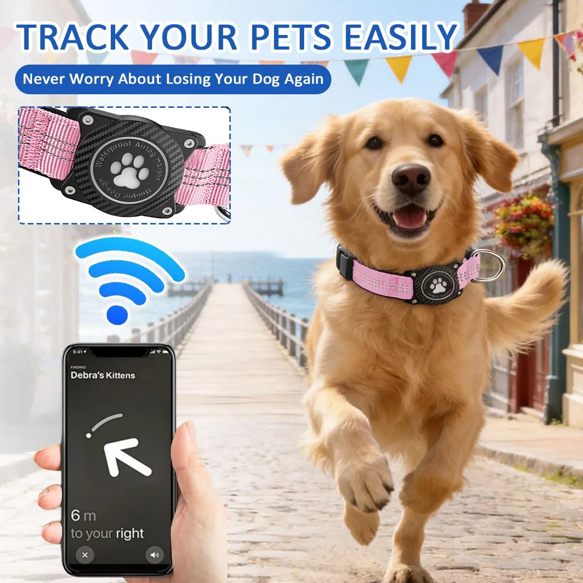 Ytanest Collare Airtag Apple per Cani, Supporto Luminoso 100% Impermeabile Collarino Compatibile con GPS Air Tag Riflettente Regolabile, Rosa, L - immagine 2