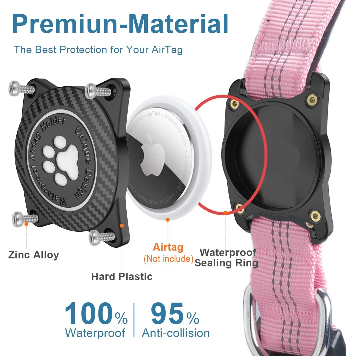 Ytanest Collare Airtag Apple per Cani, Supporto Luminoso 100% Impermeabile Collarino Compatibile con GPS Air Tag Riflettente Regolabile, Rosa, L - immagine 3