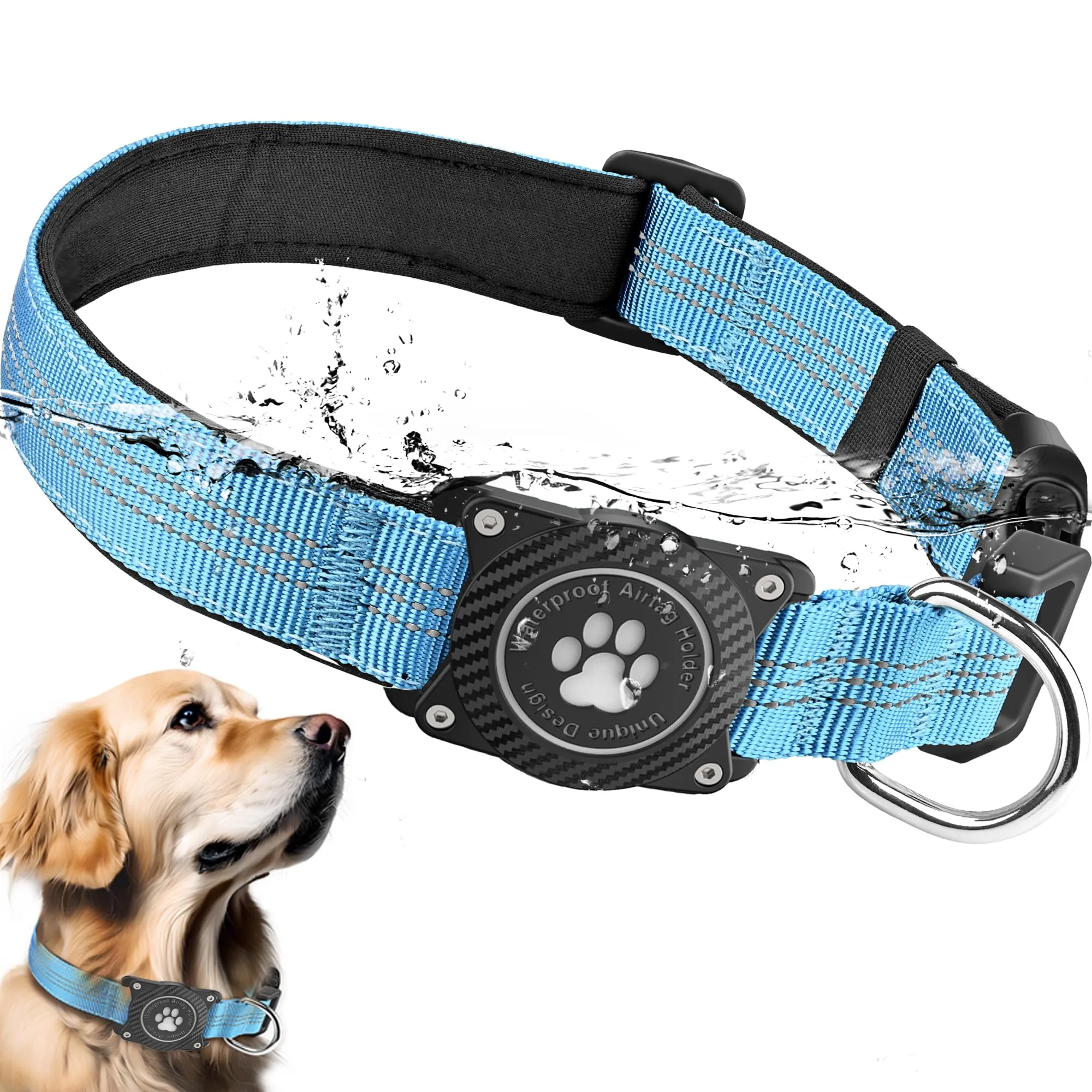 Ytanest Collare Airtag Apple per Cani, Supporto Luminoso 100% Impermeabile Collarino Compatibile con GPS Air Tag Riflettente Regolabile, Blu,M - immagine 1