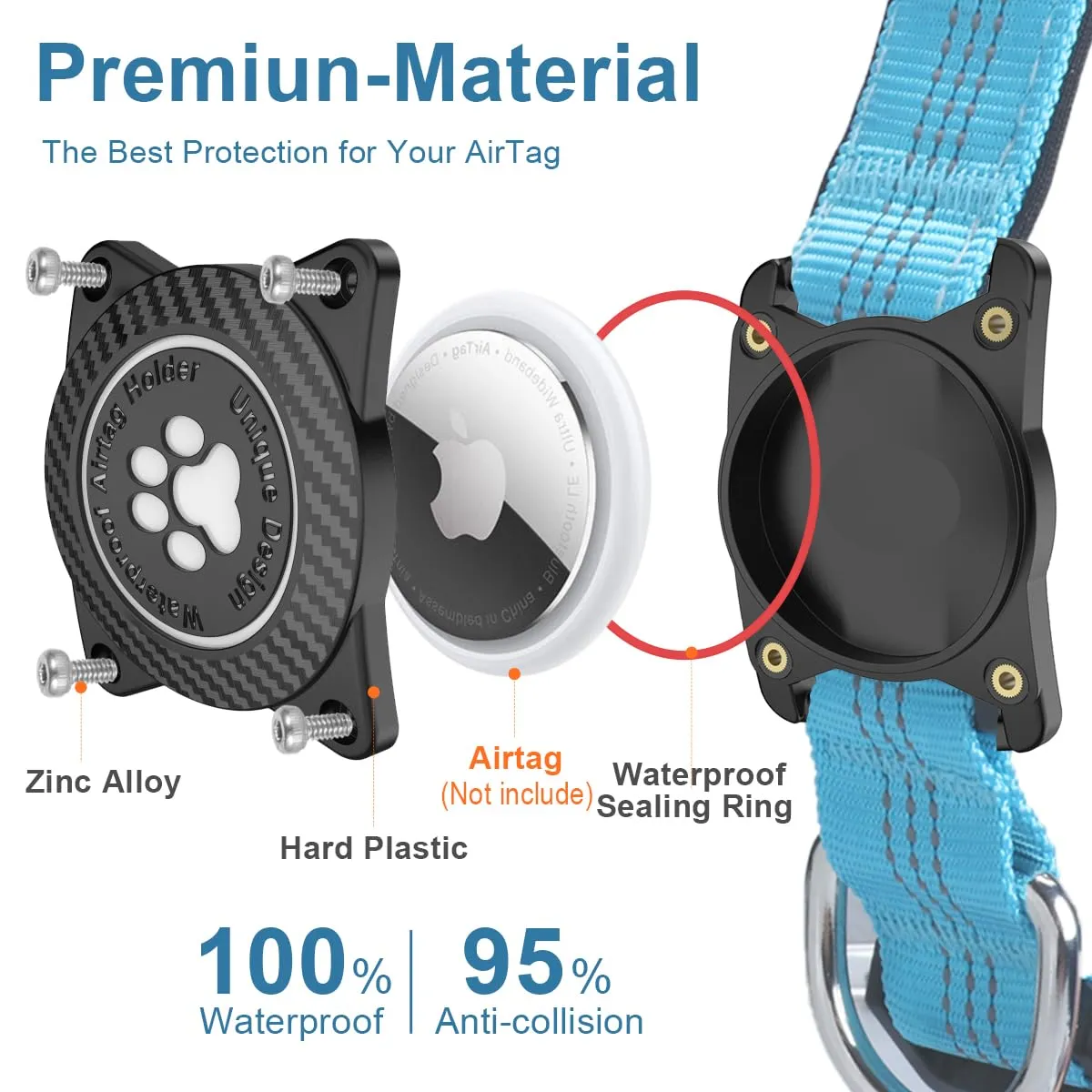 Ytanest Collare Airtag Apple per Cani, Supporto Luminoso 100% Impermeabile Collarino Compatibile con GPS Air Tag Riflettente Regolabile, Blu,M - immagine 3