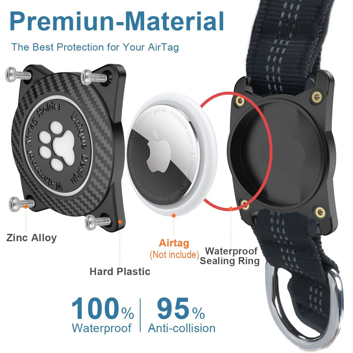 Ytanest Collare Airtag Apple per Cani, Supporto Luminoso 100% Impermeabile Collarino Compatibile con GPS Air Tag Riflettente Regolabile, Nero, L - immagine 3