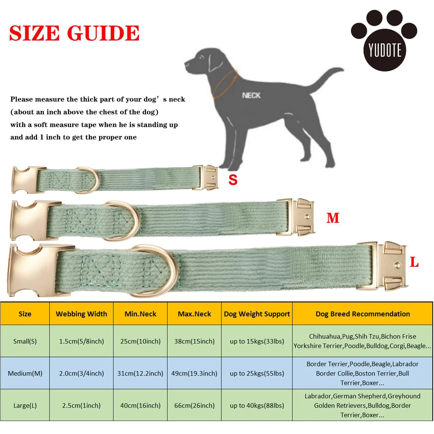 YUDOTE Collare per cani ultra morbido in velluto a coste di cotone naturale realizzato per cani di taglia grande con pelle sensibile, verde salvia - immagine 2