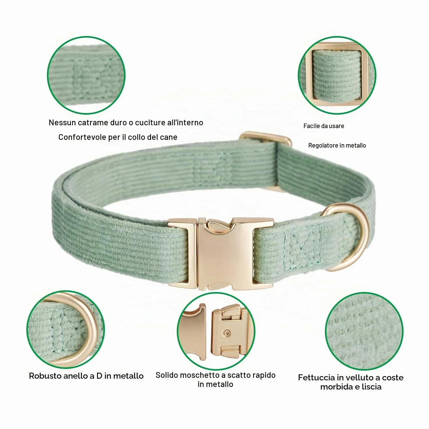 YUDOTE Collare per cani ultra morbido in velluto a coste di cotone naturale realizzato per cani di piccola taglia con pelle sensibile, verde salvia - immagine 4