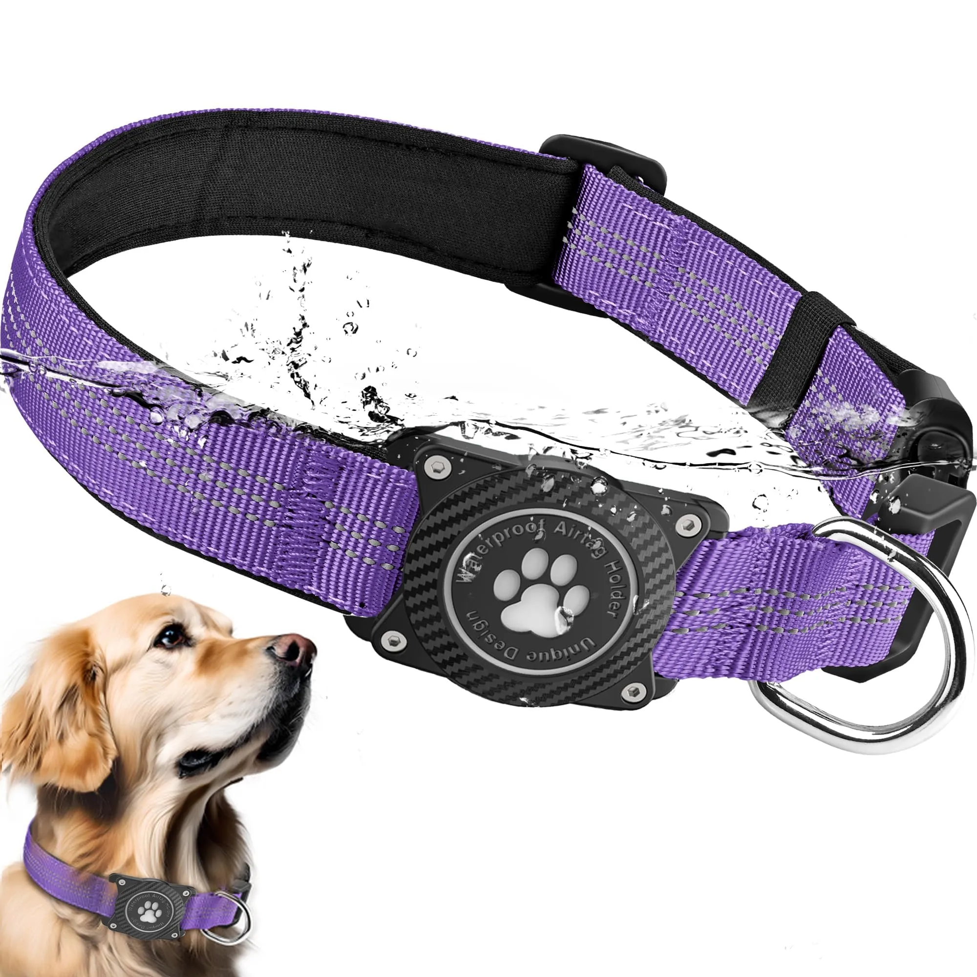 Ytanest Collare Airtag Apple per Cani, Supporto Luminoso 100% Impermeabile Collarino Compatibile con GPS Air Tag Riflettente Regolabile, Viola, M - immagine 1