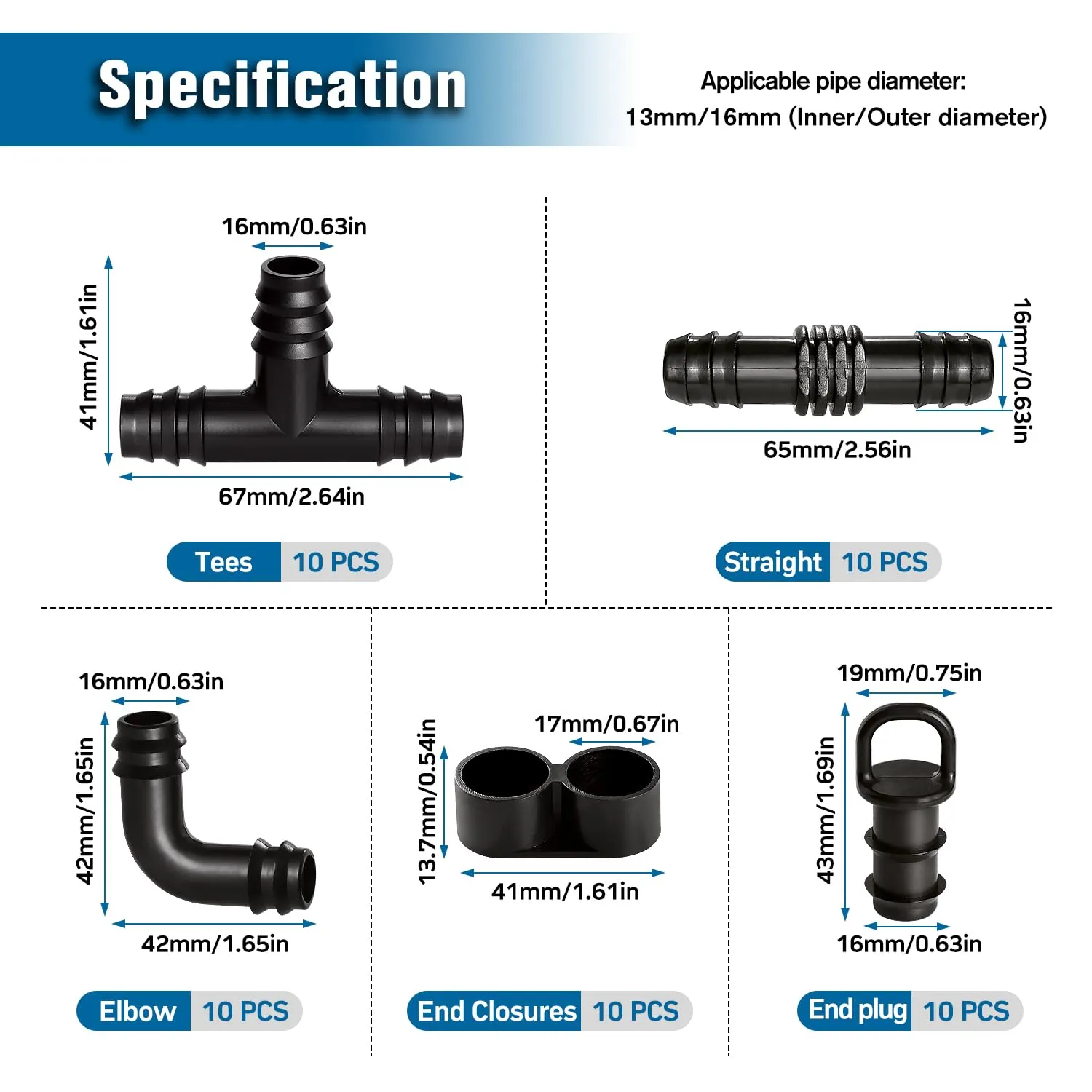 VooGenzek 50 Pezzi Kit di Raccordi per Irrigazione per Tubi per 16mm Impianto di Irrigazione a Goccia, Irrigazione Connettori, con Tee, Gomiti, Accoppiamento, Chiusura Terminale, Tappi Terminali - immagine 2