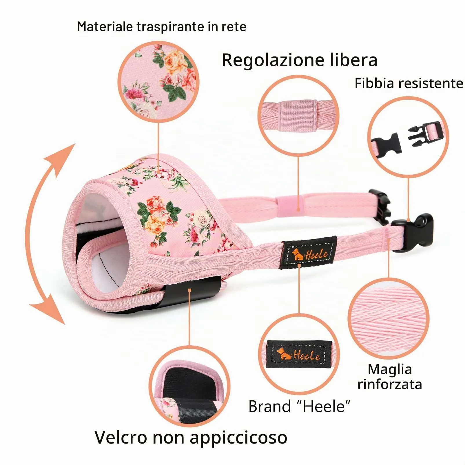 HEELE Museruola per Cane, Museruola Cane Taglia Media, in Morbido Nylon con Motivo Stampato, Antiabbaio e Antimorso, Regolabile, Fiore Rosa, M - immagine 2