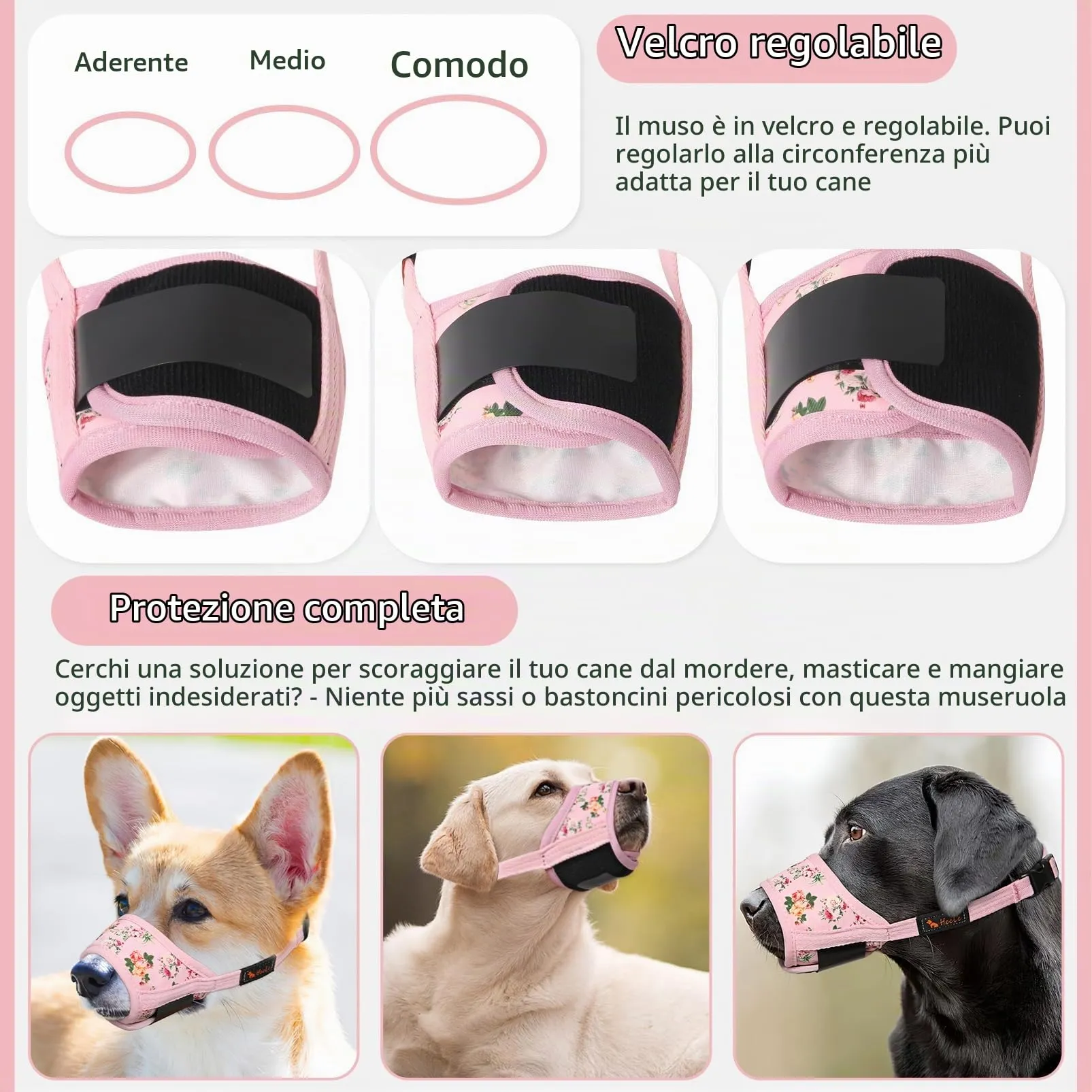 HEELE Museruola per Cane, Museruola Cane Taglia Media, in Morbido Nylon con Motivo Stampato, Antiabbaio e Antimorso, Regolabile, Fiore Rosa, M - immagine 4