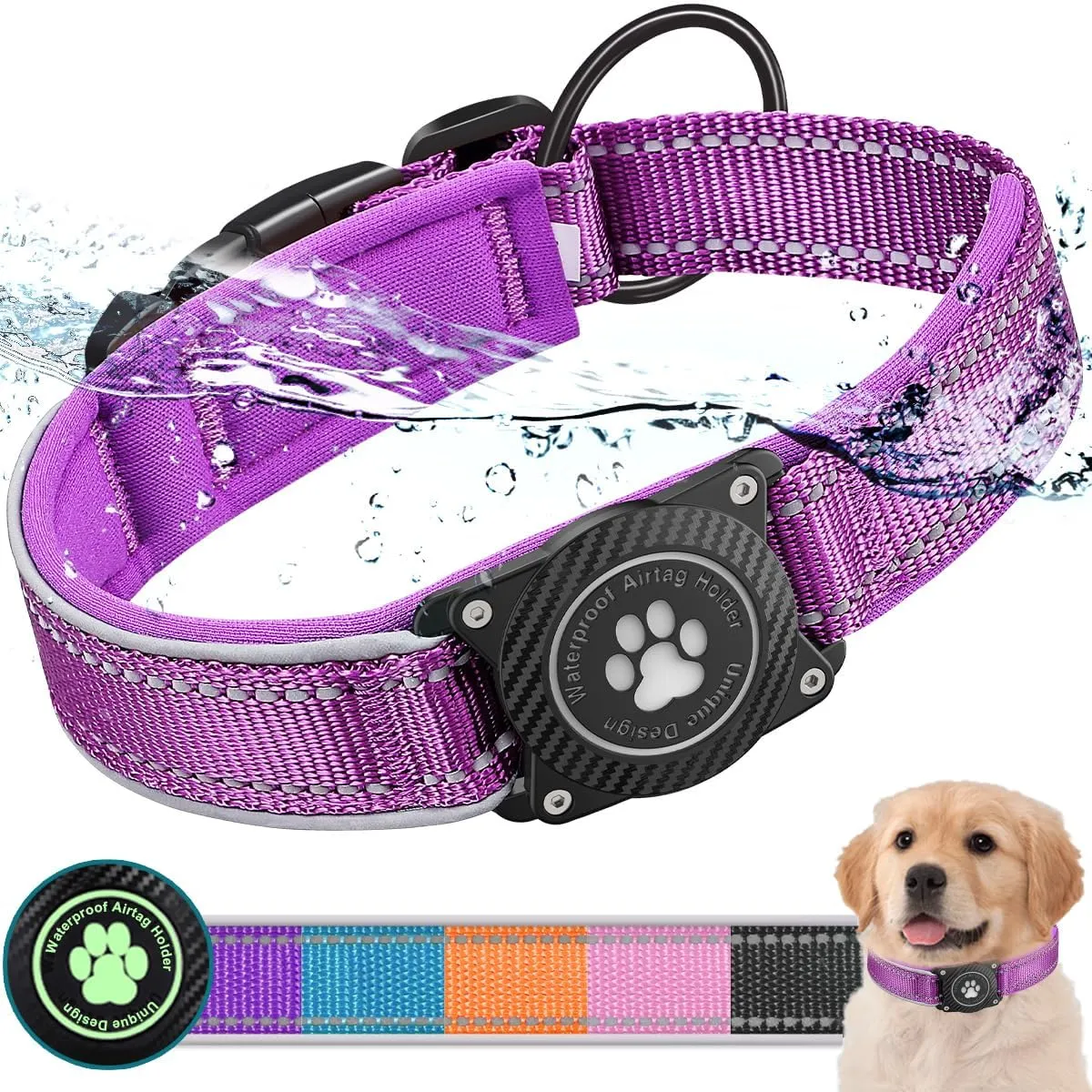 Ytanest Airtag, Collare per cani impermeabile con supporto per tag Apple Air, collare riflettente per cani di taglia piccola, media e grande, viola, M - immagine 1