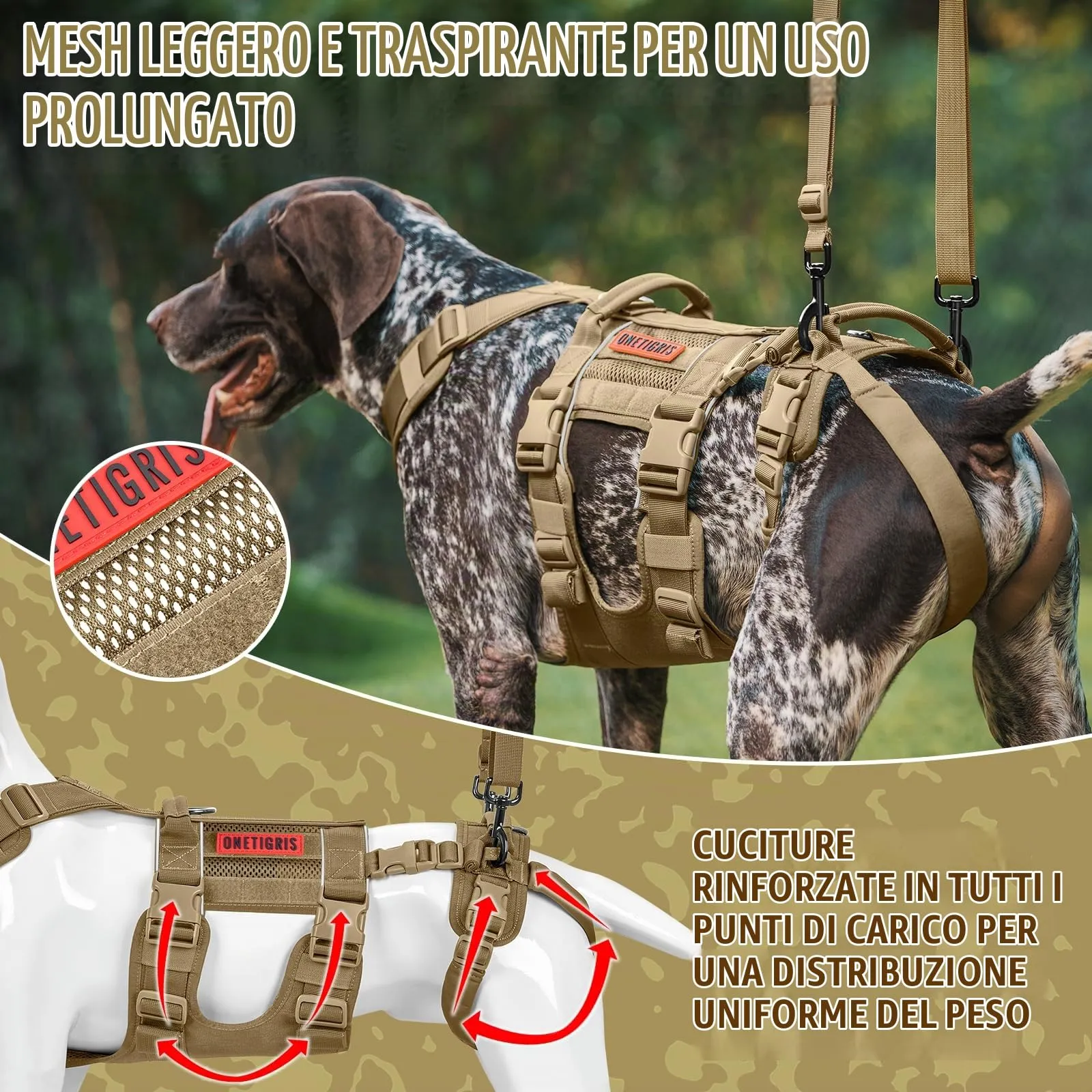 OneTigris Pettorina per cani, SKYEWALKER Supporto Imbracatura regolabile con 2 manici per supporto e riabilitazione, adatta per cani di taglia media e grande, marrone, L - immagine 4