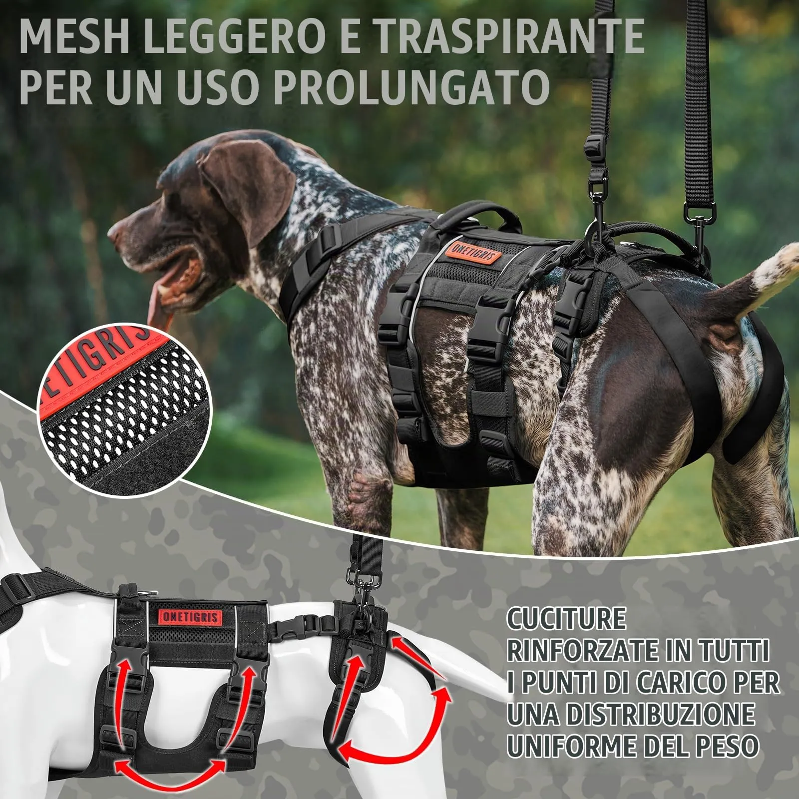 OneTigris SKYEWALKER Pettorina per Cane, Imbracatura Regolabile per Sollevamento con 2 Maniglie per Supporto e Riabilitazione, Adatta per Cani di Taglia Media e Grande, Nero, XL - immagine 4