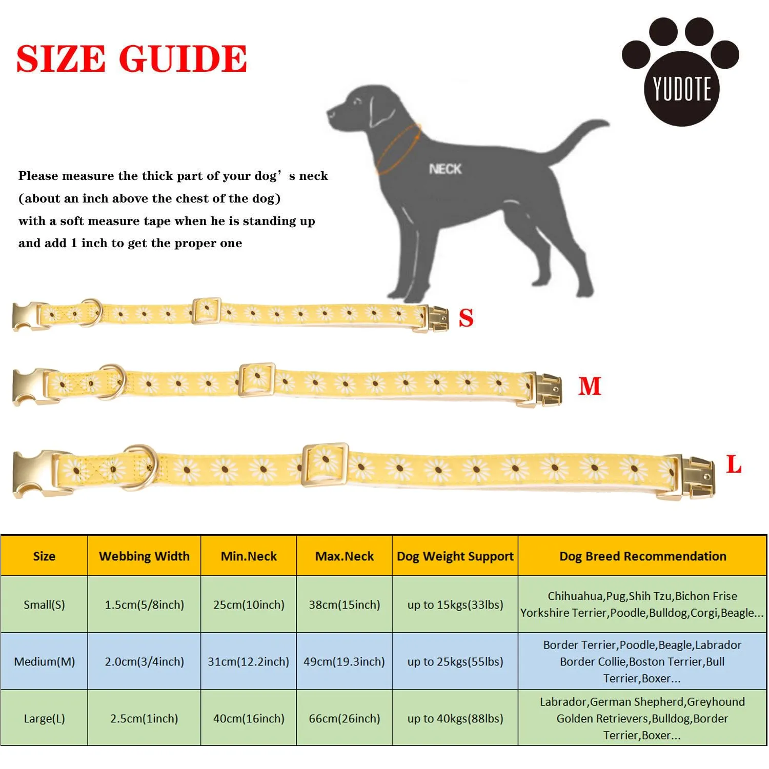 YUDOTE Collare per cane in morbido velluto a coste con nastro jacquard a motivi floreali per cani di taglia grande, uso quotidiano, giallo - immagine 4