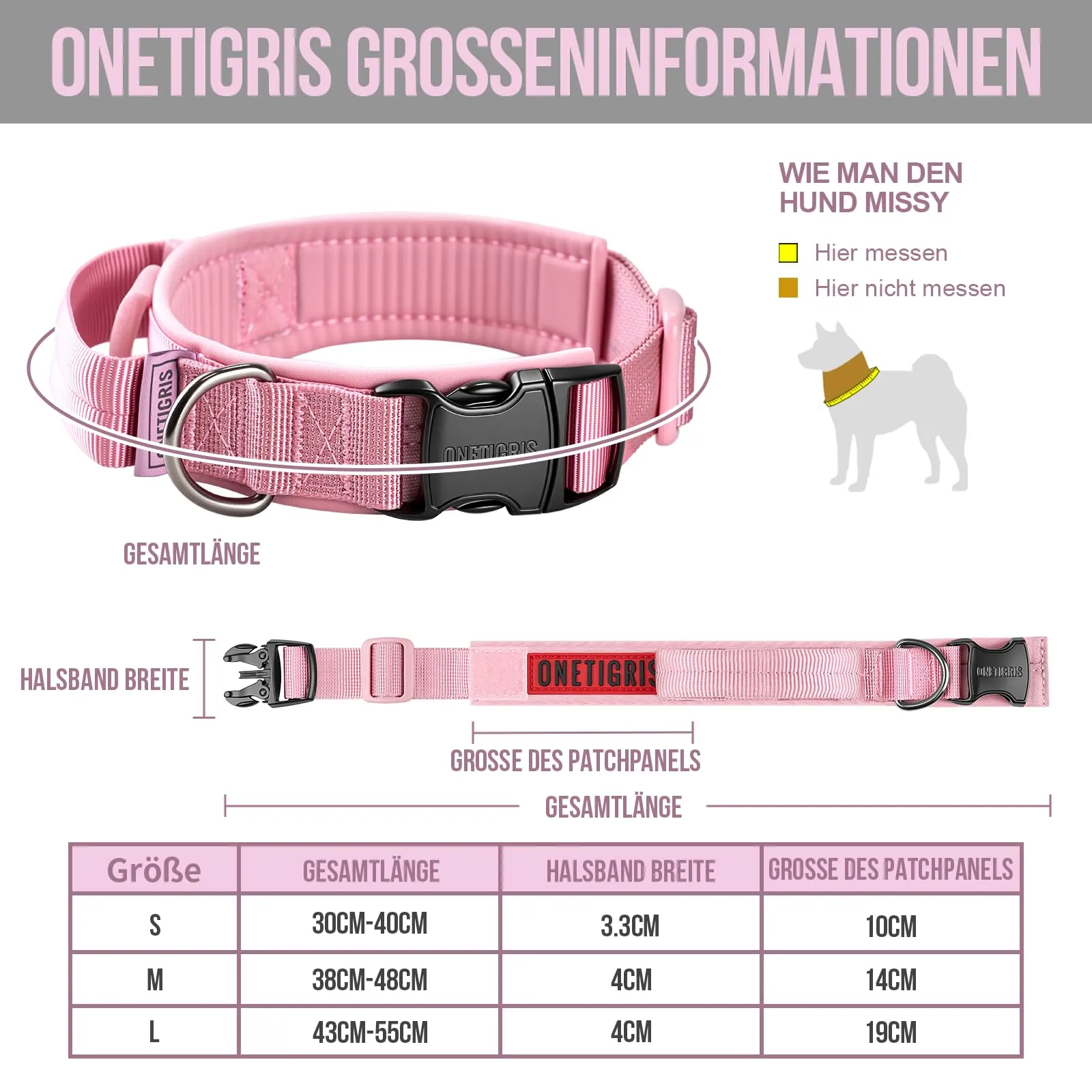 OneTigris Collare per cani con fibbia in metallo per cani (Rosa, M) - immagine 2