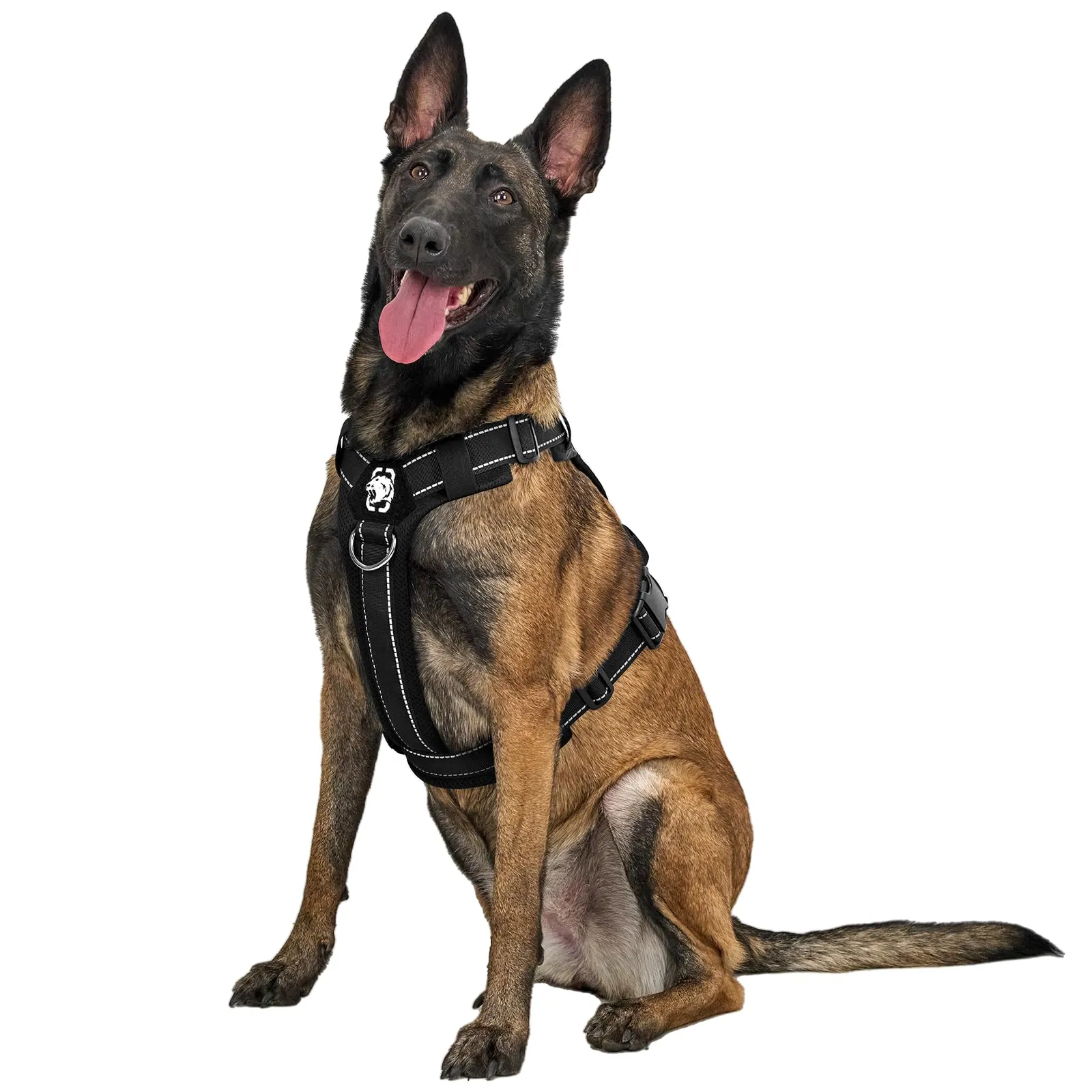 OneTigris Imbracatura per cani, Diesel regolabile, pettorina tattica morbida, imbottita, per cani di taglia media e grande con riflettente, 1 manico, 3 anelli a D (nero, XL) - immagine 1