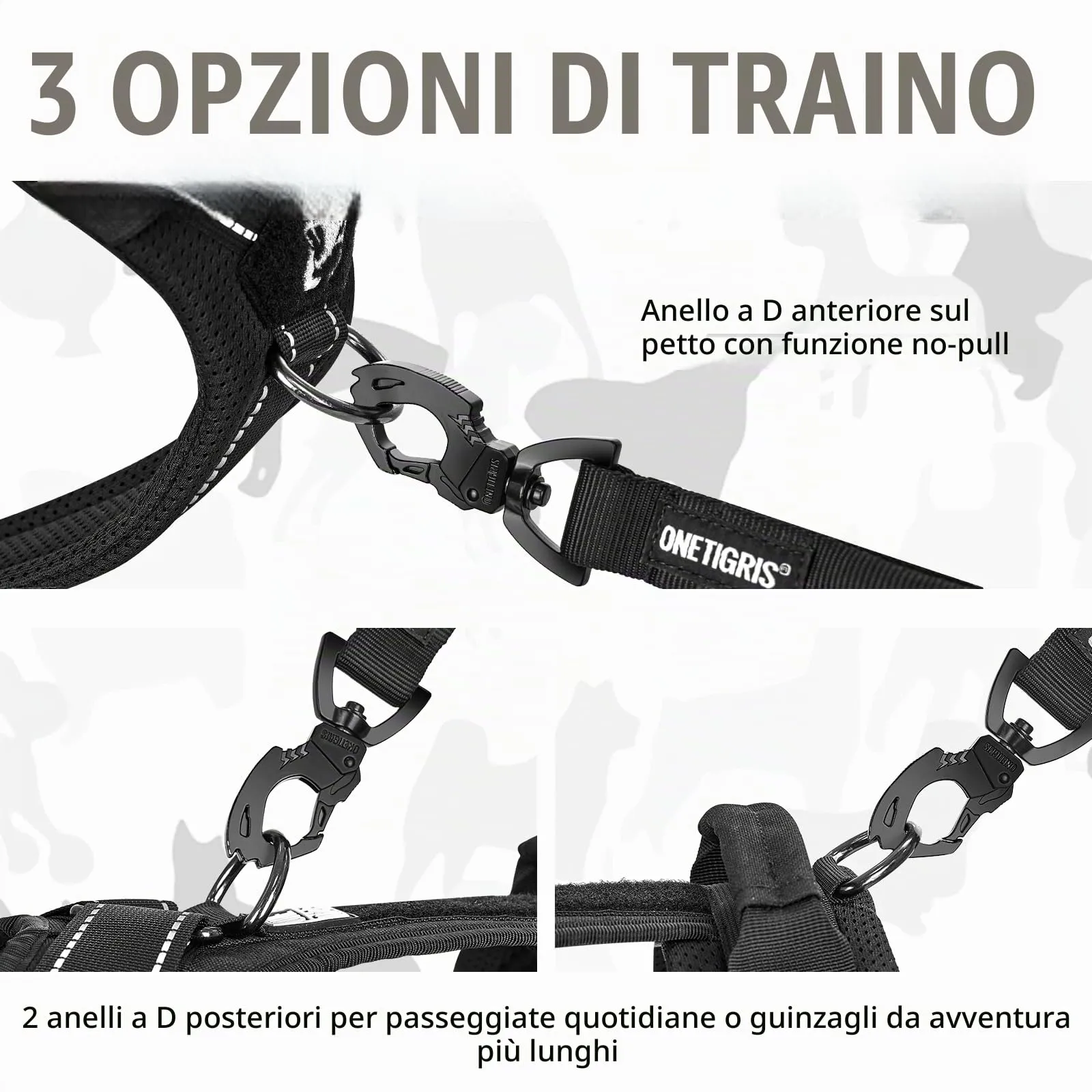 OneTigris Imbracatura per cani, Diesel regolabile, pettorina tattica morbida, imbottita, per cani di taglia media e grande con riflettente, 1 manico, 3 anelli a D (nero, XL) - immagine 5