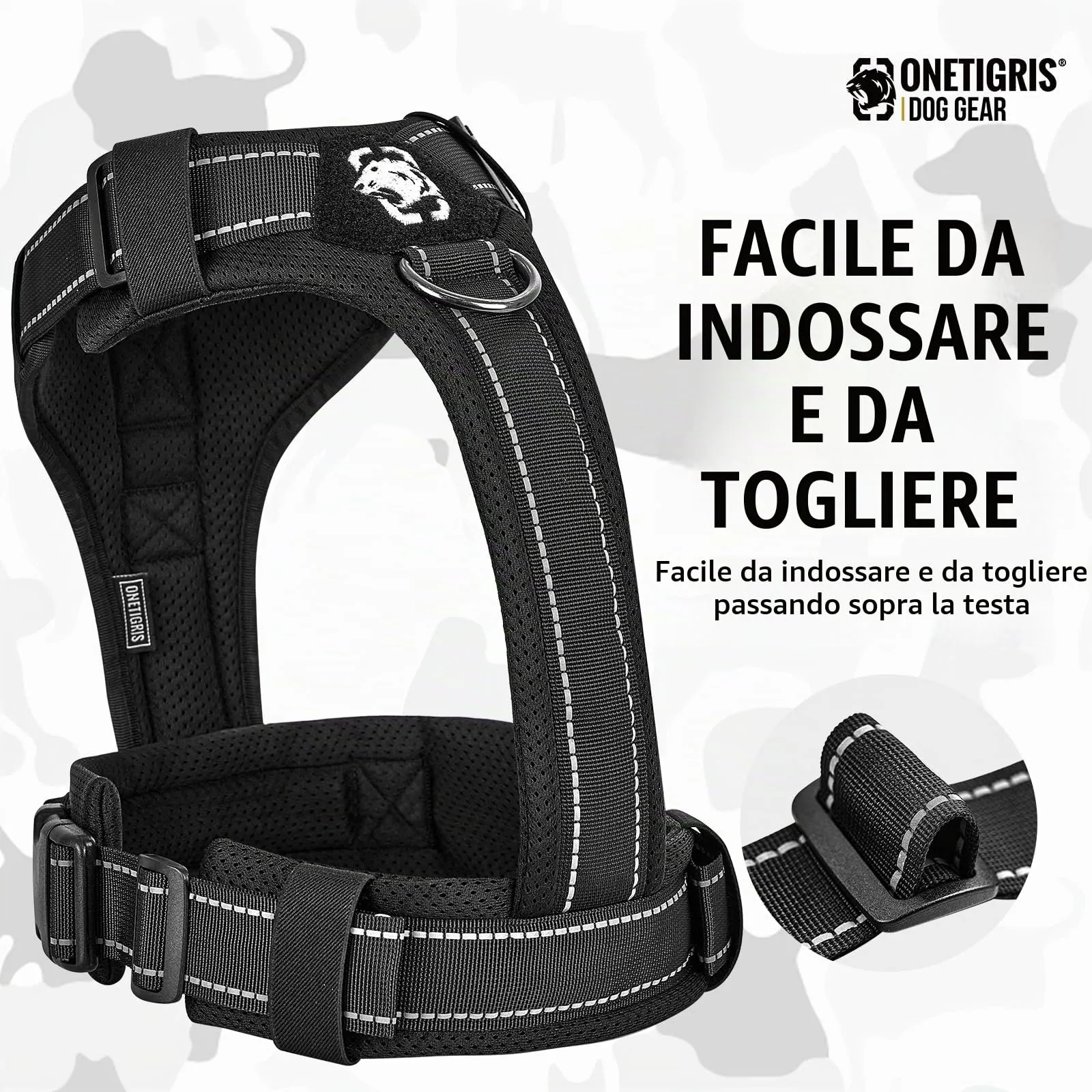 OneTigris Imbracatura per cani, Diesel regolabile, pettorina tattica morbida, imbottita, per cani di taglia media e grande con riflettente, 1 manico, 3 anelli a D (nero, XL) - immagine 6