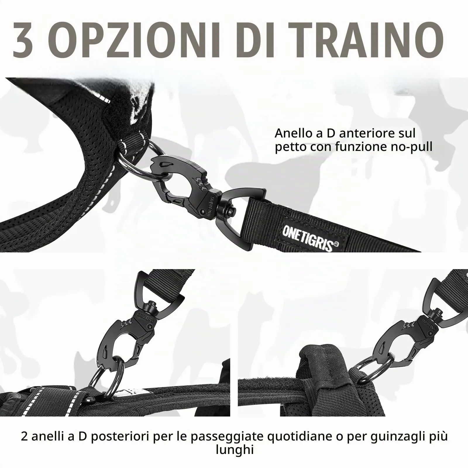 OneTigris Pettorina tattica regolabile Diesel - Pettorina tattica morbida e imbottita per cani di taglia media e grande - Con riflettente, 1 maniglia, 3 anelli a D (nero, taglia M) - immagine 5