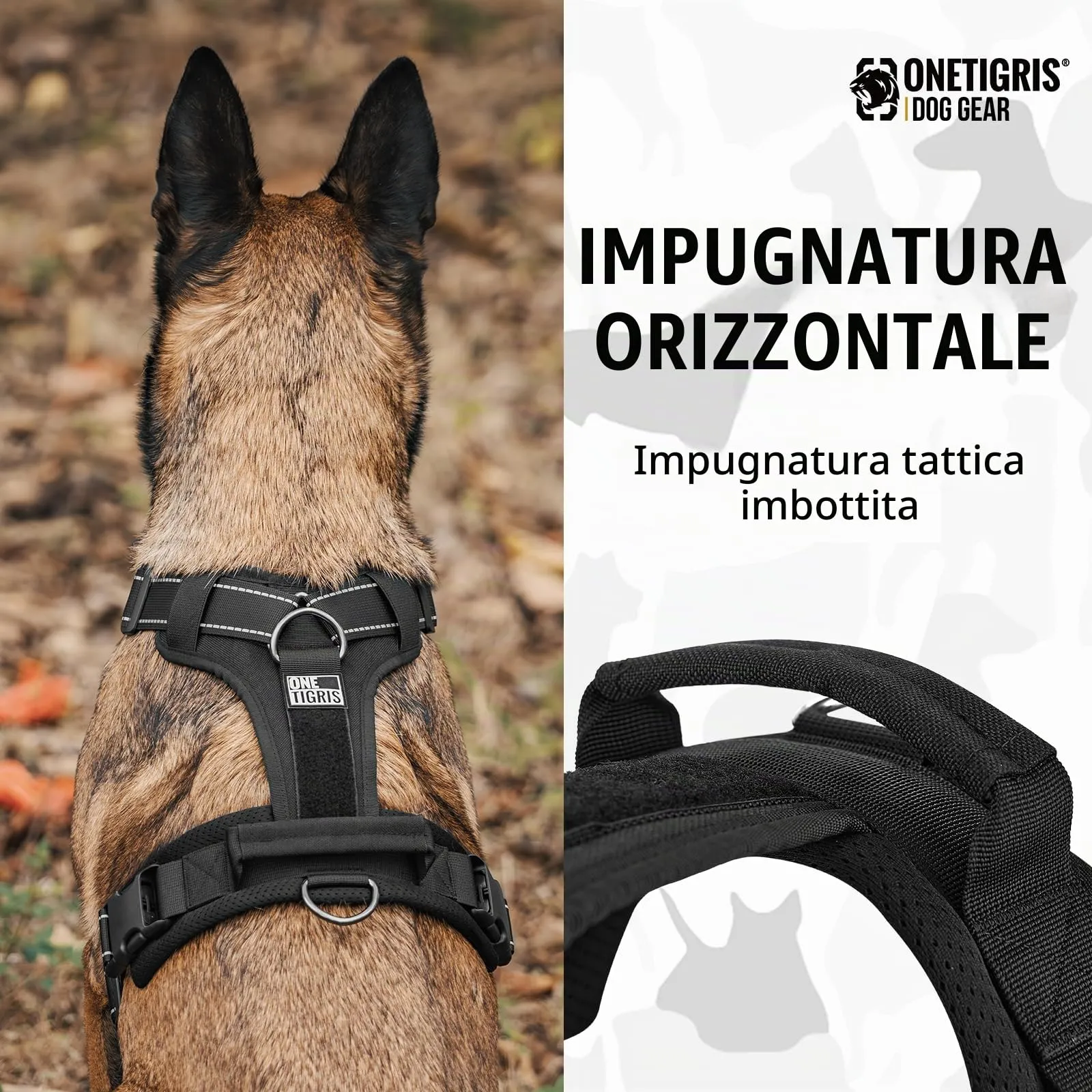 OneTigris Pettorina tattica regolabile Diesel - Pettorina tattica morbida e imbottita per cani di taglia media e grande - Con riflettente, 1 maniglia, 3 anelli a D (nero, taglia M) - immagine 7