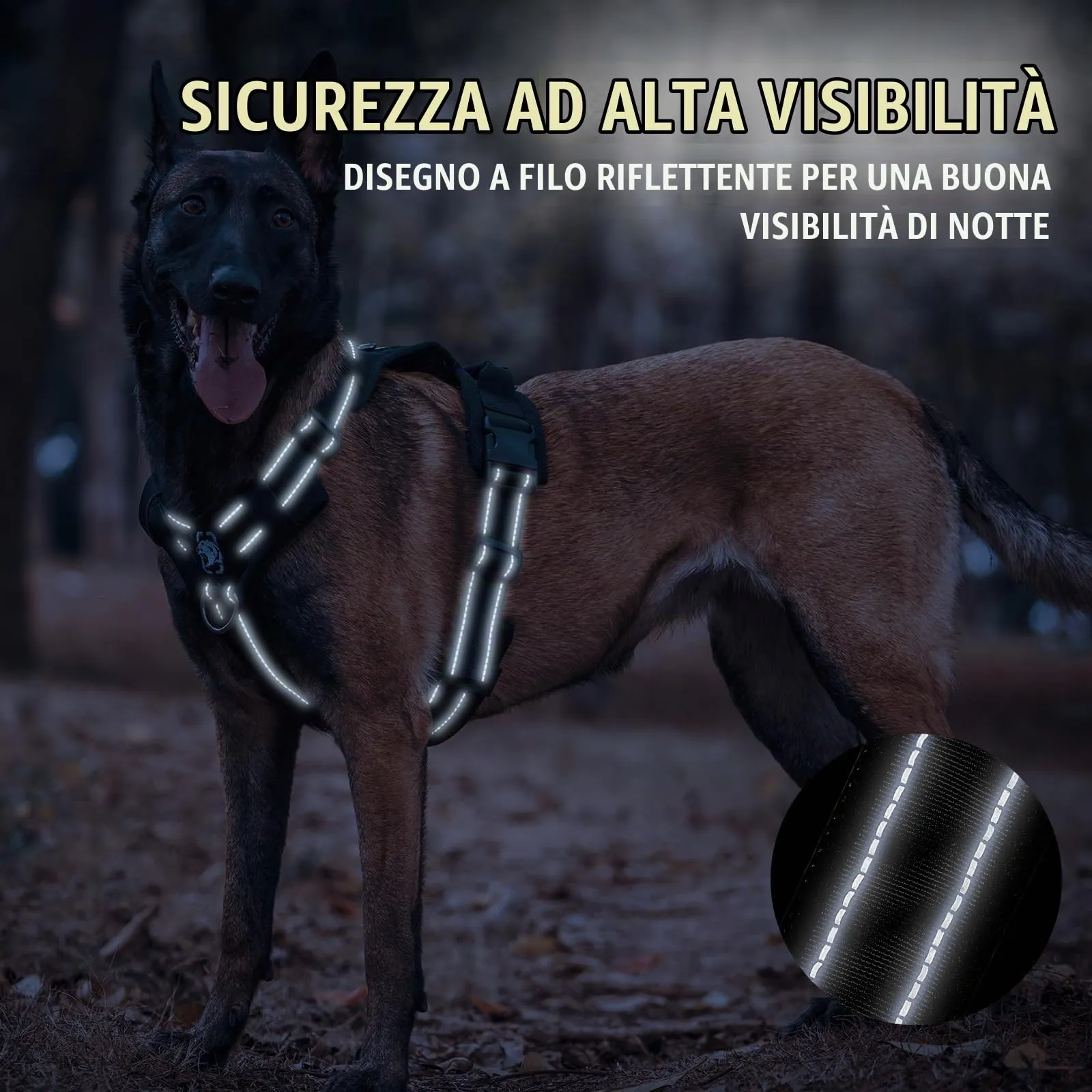 OneTigris Imbracatura per cani, Diesel regolabile, pettorina tattica morbida, imbottita, per cani di taglia media e grande con riflettente, 1 manico, 3 anelli a D (nero, L) - immagine 4
