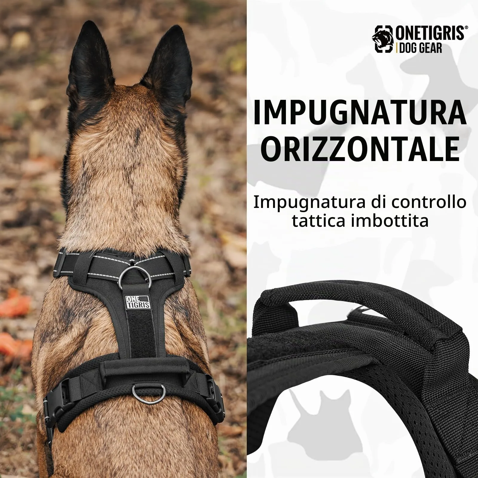 OneTigris Imbracatura per cani, Diesel regolabile, pettorina tattica morbida, imbottita, per cani di taglia media e grande con riflettente, 1 manico, 3 anelli a D (nero, L) - immagine 7