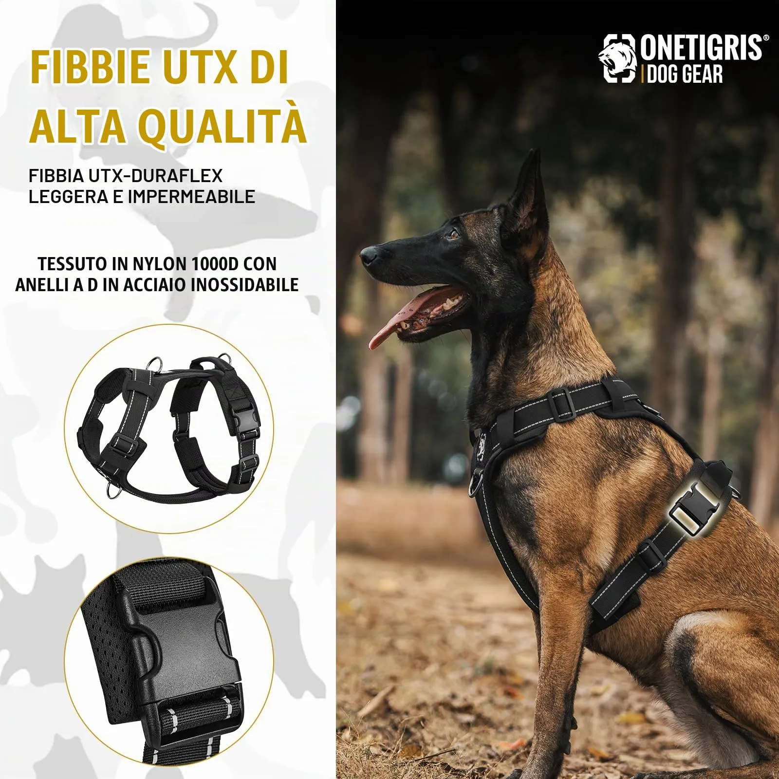 OneTigris Imbracatura per cani, Diesel regolabile, pettorina tattica morbida, imbottita, per cani di taglia media e grande con riflettente, 1 manico, 3 anelli a D (nero, L) - immagine 8