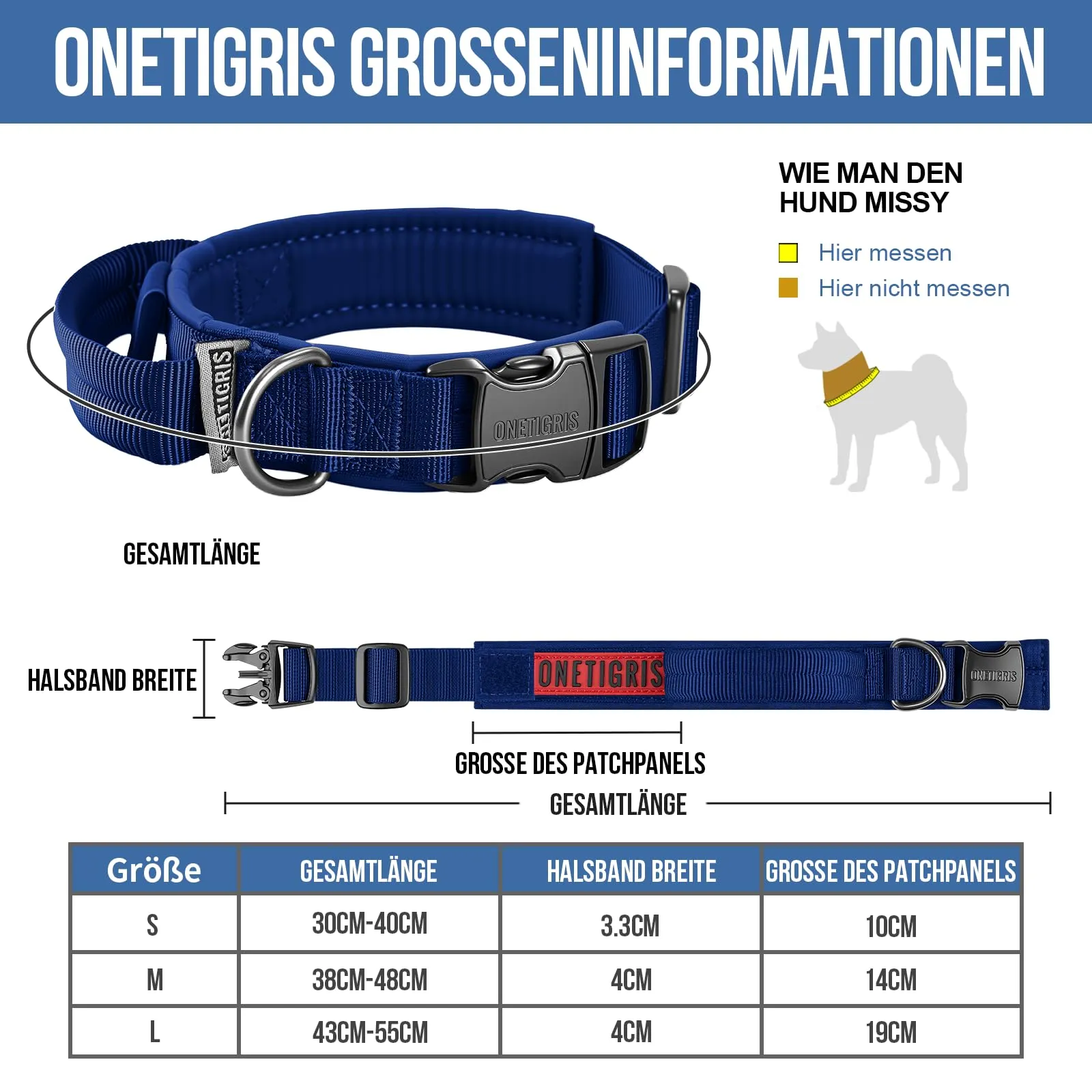 OneTigris Collare per cani con fibbia in metallo per cani (Blu, S) - immagine 2