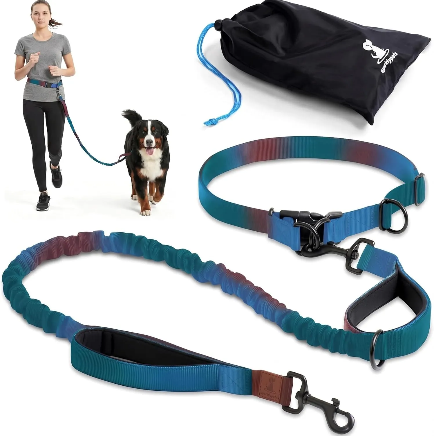 SparklyPets - Guinzaglio per cani con cuciture riflettenti - Guinzaglio in vita per cani maschi che camminano, escursionismo, allenamento, jogging, canicross, corsa - cani di taglia media e grande - immagine 1