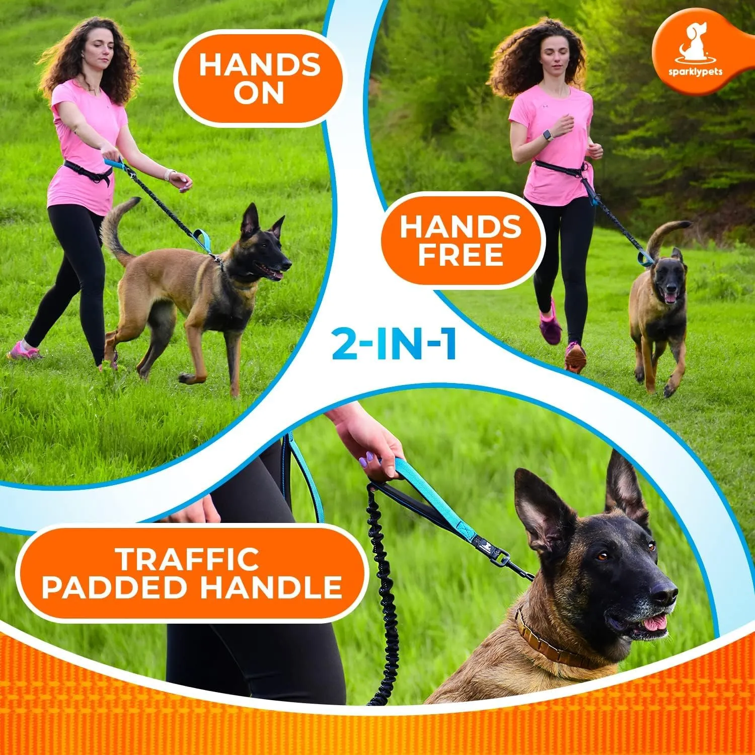 SparklyPets - Guinzaglio per cani con cuciture riflettenti - Guinzaglio in vita per cani maschi che camminano, escursionismo, allenamento, jogging, canicross, corsa - cani di taglia media e grande - immagine 6