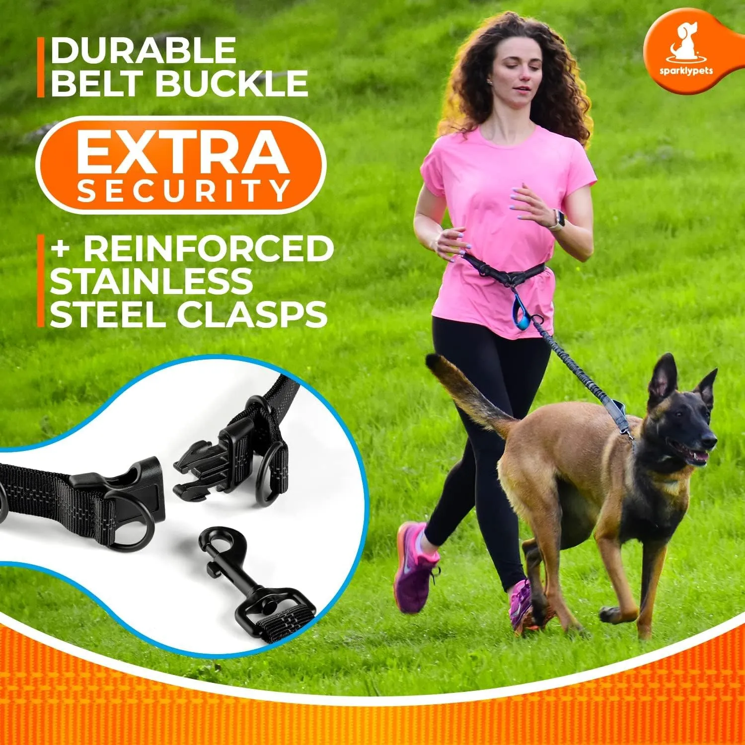 SparklyPets - Guinzaglio per cani con cuciture riflettenti - Guinzaglio in vita per cani maschi che camminano, escursionismo, allenamento, jogging, canicross, corsa - cani di taglia media e grande - immagine 7