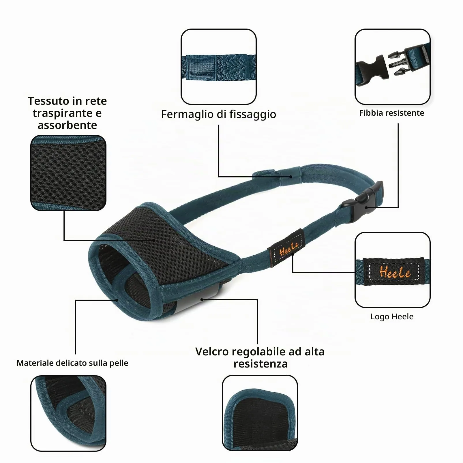 HEELE Museruola Cane, Museruola per Cane Antiabbaio in Morbida Rete Traspirante con Anello Regolabile per Cani di Taglia Medio, Antimorso Anti-Masticare Addestramento, Verde, M - immagine 3