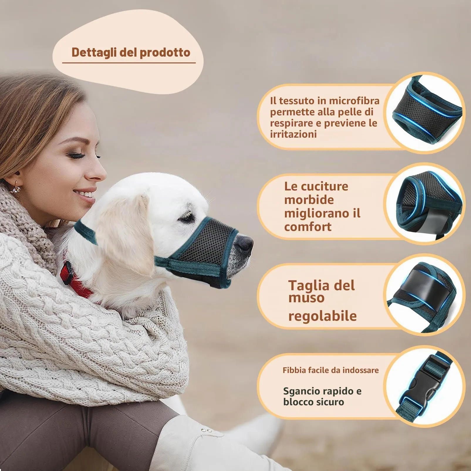 HEELE Museruola Cane, Museruola per Cane Antiabbaio in Morbida Rete Traspirante con Anello Regolabile per Cani di Taglia Medio, Antimorso Anti-Masticare Addestramento, Verde, M - immagine 7