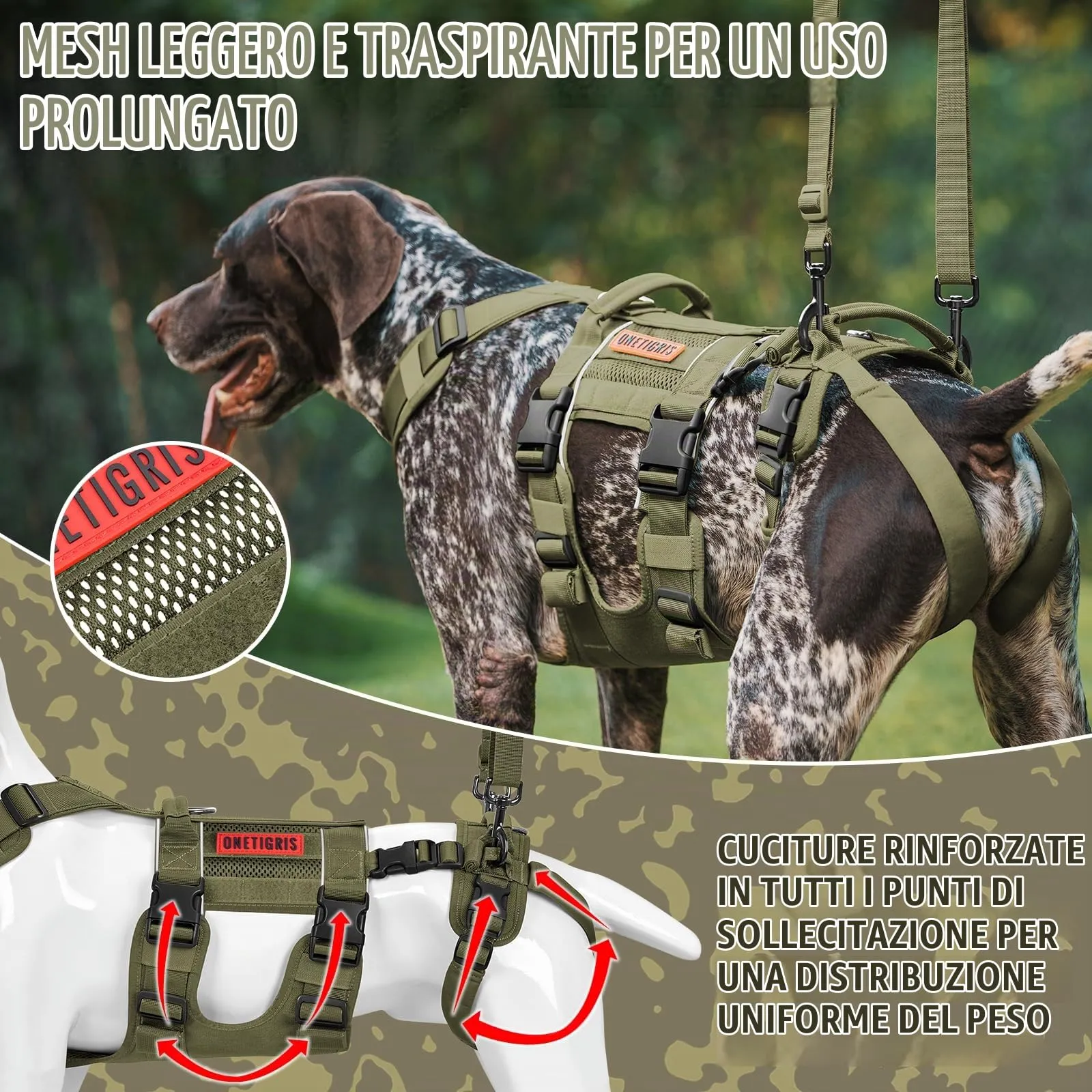 OneTigris SKYEWALKER Imbracatura per Cani, Imbracatura Regolabile con 2 Maniglie per Supporto e Riabilitazione, Adatta per Cani di Taglia Media e Grande, Verde, M - immagine 4