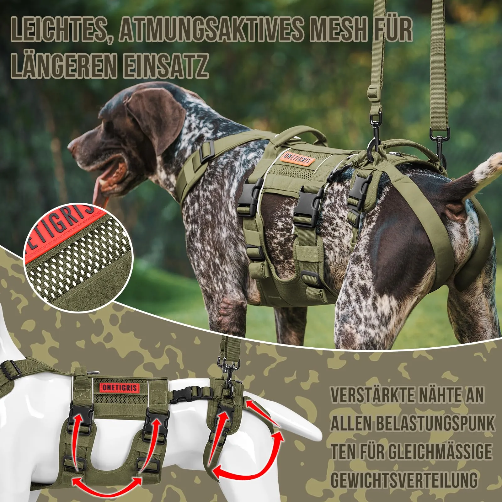 OneTigris Imbracatura per cani, SKYEWALKER Imbracatura di supporto, Pettorina di sollevamento regolabile con 2 manici per supporto e riabilitazione, adatta per cani di taglia media e grande, verde, XL - immagine 4