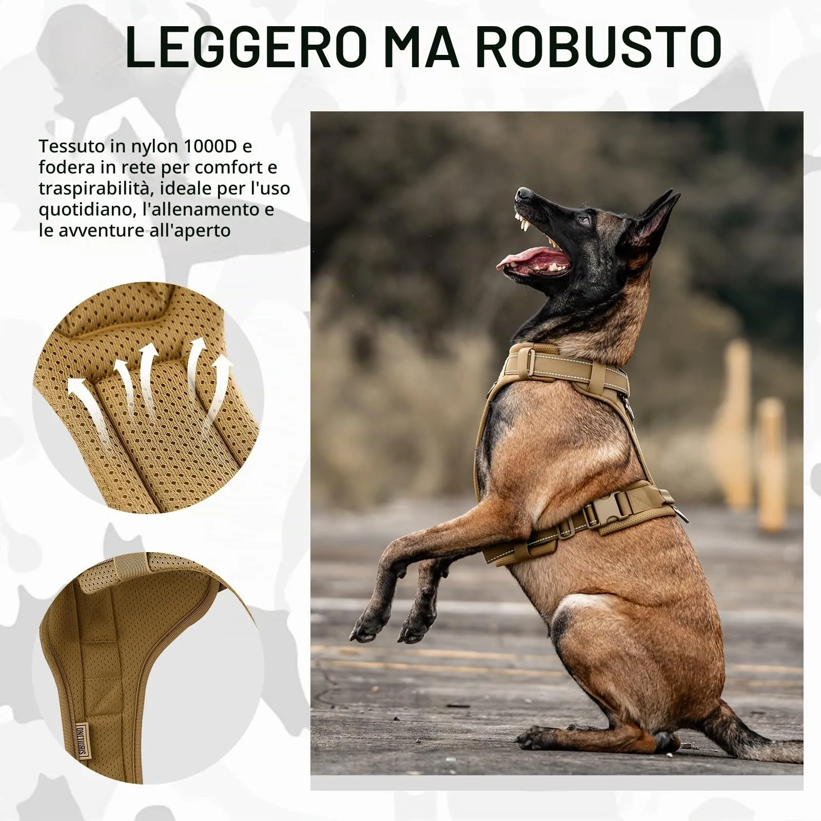 OneTigris Pettorina tattica regolabile Diesel - Pettorina tattica morbida e imbottita per cani di taglia media e grande - Con riflettente, 1 maniglia, 3 anelli a D (marrone, taglia M) - immagine 4