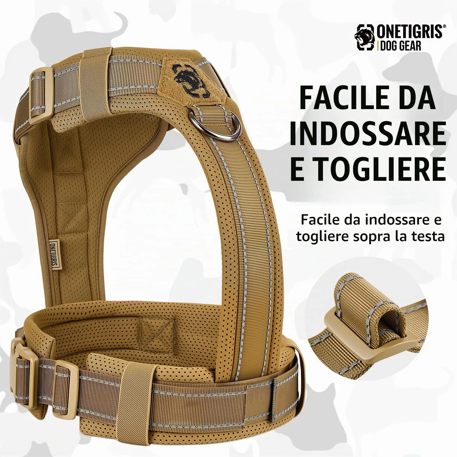 OneTigris Pettorina tattica regolabile Diesel - Pettorina tattica morbida e imbottita per cani di taglia media e grande - Con riflettente, 1 maniglia, 3 anelli a D (marrone, taglia M) - immagine 6