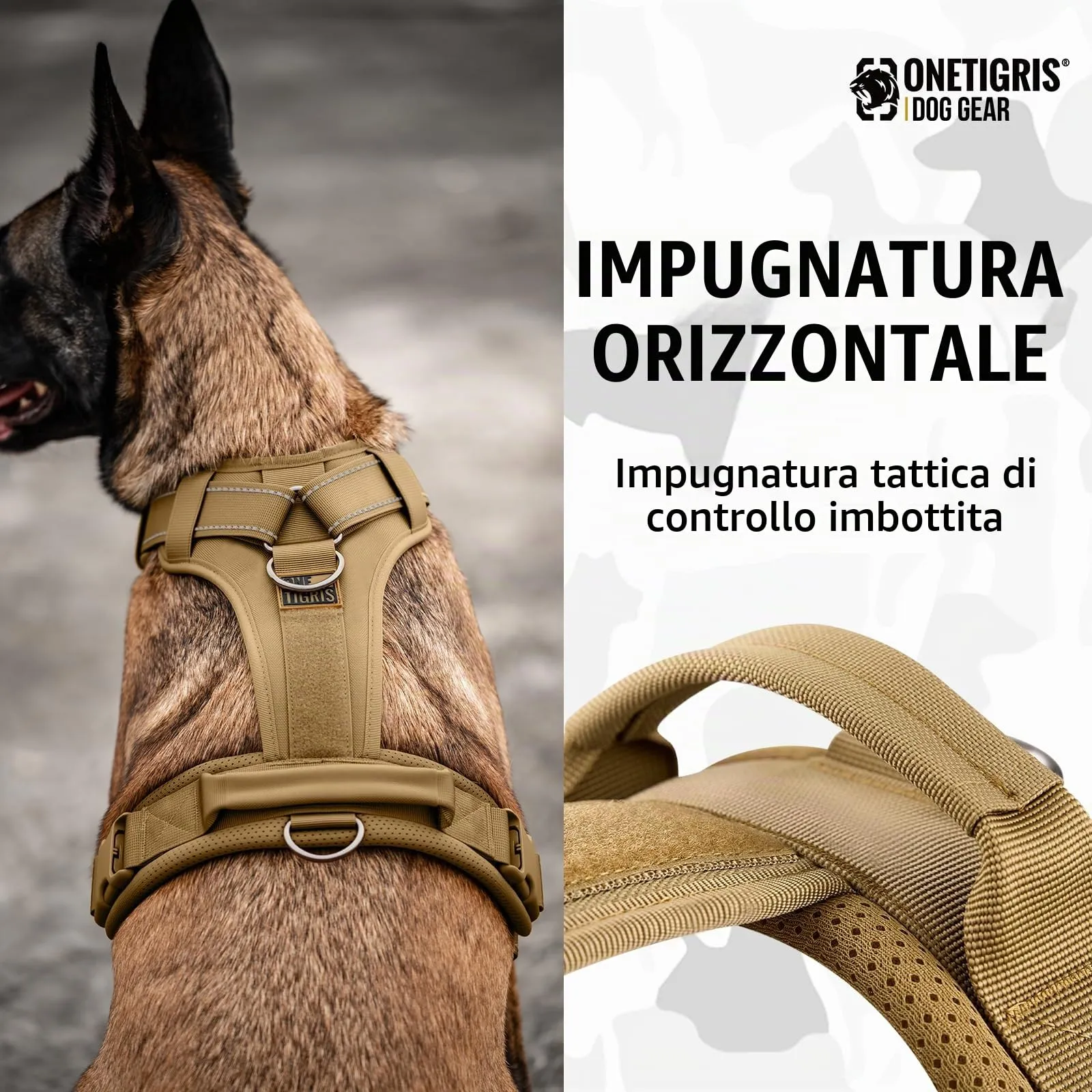 OneTigris Pettorina tattica regolabile Diesel - Pettorina tattica morbida e imbottita per cani di taglia media e grande - Con riflettente, 1 maniglia, 3 anelli a D (marrone, taglia M) - immagine 7