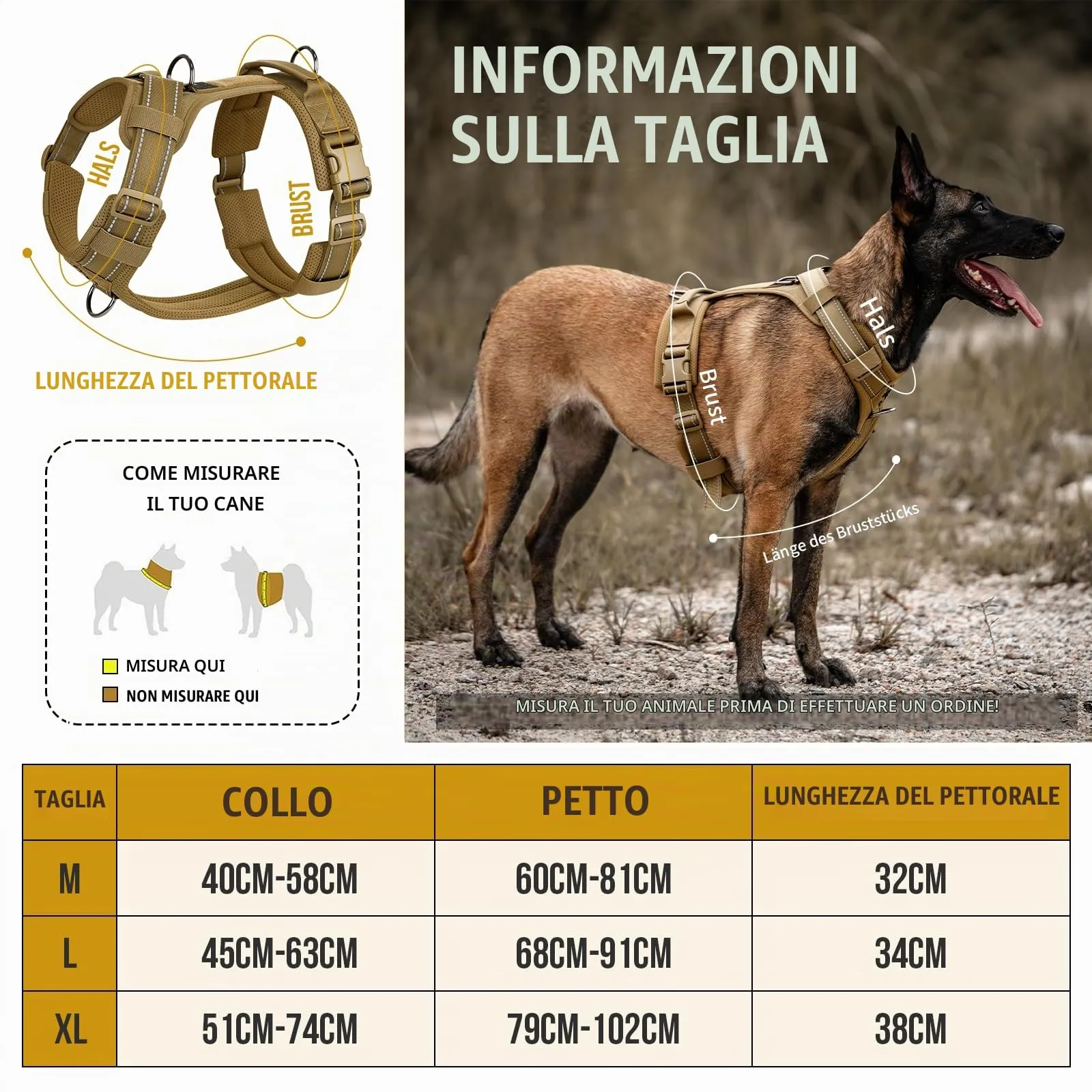 OneTigris Pettorina tattica regolabile Diesel - Pettorina tattica morbida e imbottita per cani di taglia media e grande - Con riflettente, 1 maniglia, 3 anelli in D (marrone, XL) - immagine 2