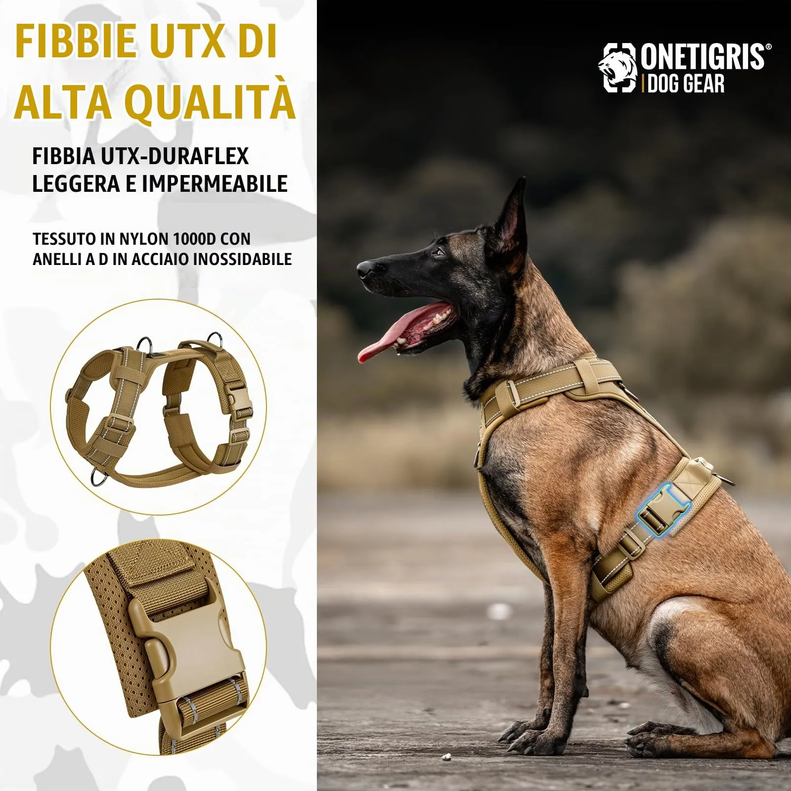 OneTigris Imbracatura per cani, Diesel regolabile, pettorina tattica morbida, imbottita, per cani di taglia media e grande con riflettente, 1 manico, 3 anelli a D (marrone, L) - immagine 8